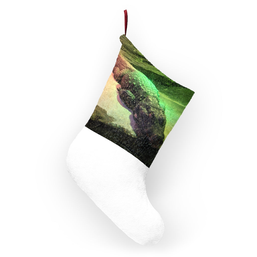 Crocodile Christmas Stockings hanging by a fireplace, featuring festive designs and a twill ribbon loop.