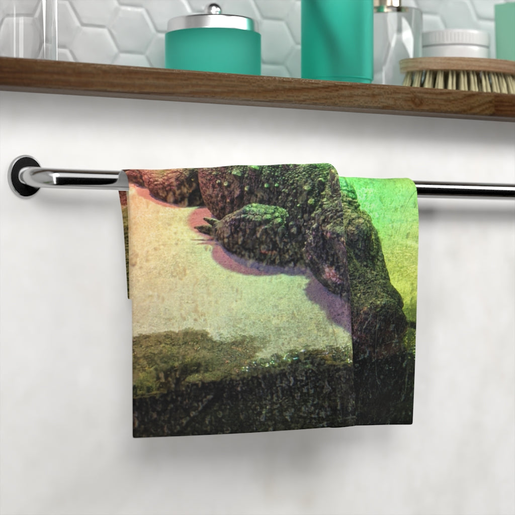 Crocodile Face Towel featuring a customizable polyester front and soft cotton back, ideal for personal designs.