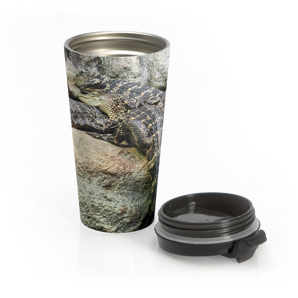 Crocodile Stainless Steel Travel Mug with black lid, showcasing vibrant sublimation print design.