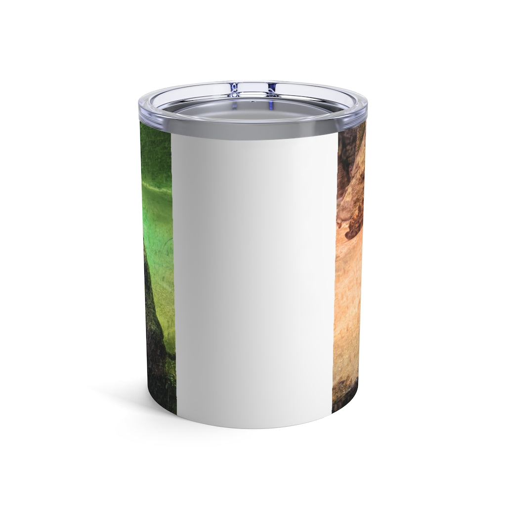 Crocodile Tumbler 10oz in stainless steel with a see-thru plastic lid, showcasing its sleek design and rounded corners.