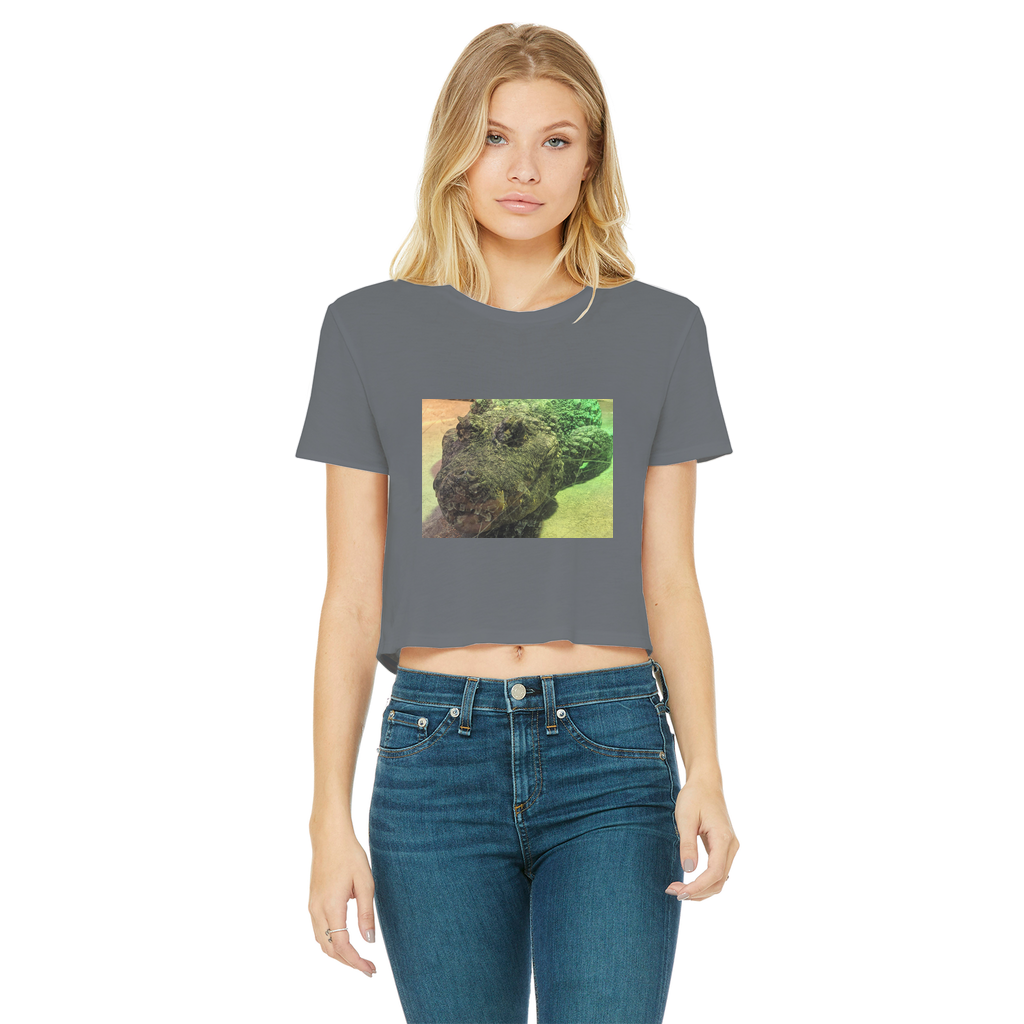 Crocodiles Classic Women's Cropped Raw Edge T-Shirt featuring a round neck, short sleeves, and raw edge hem in various colors.