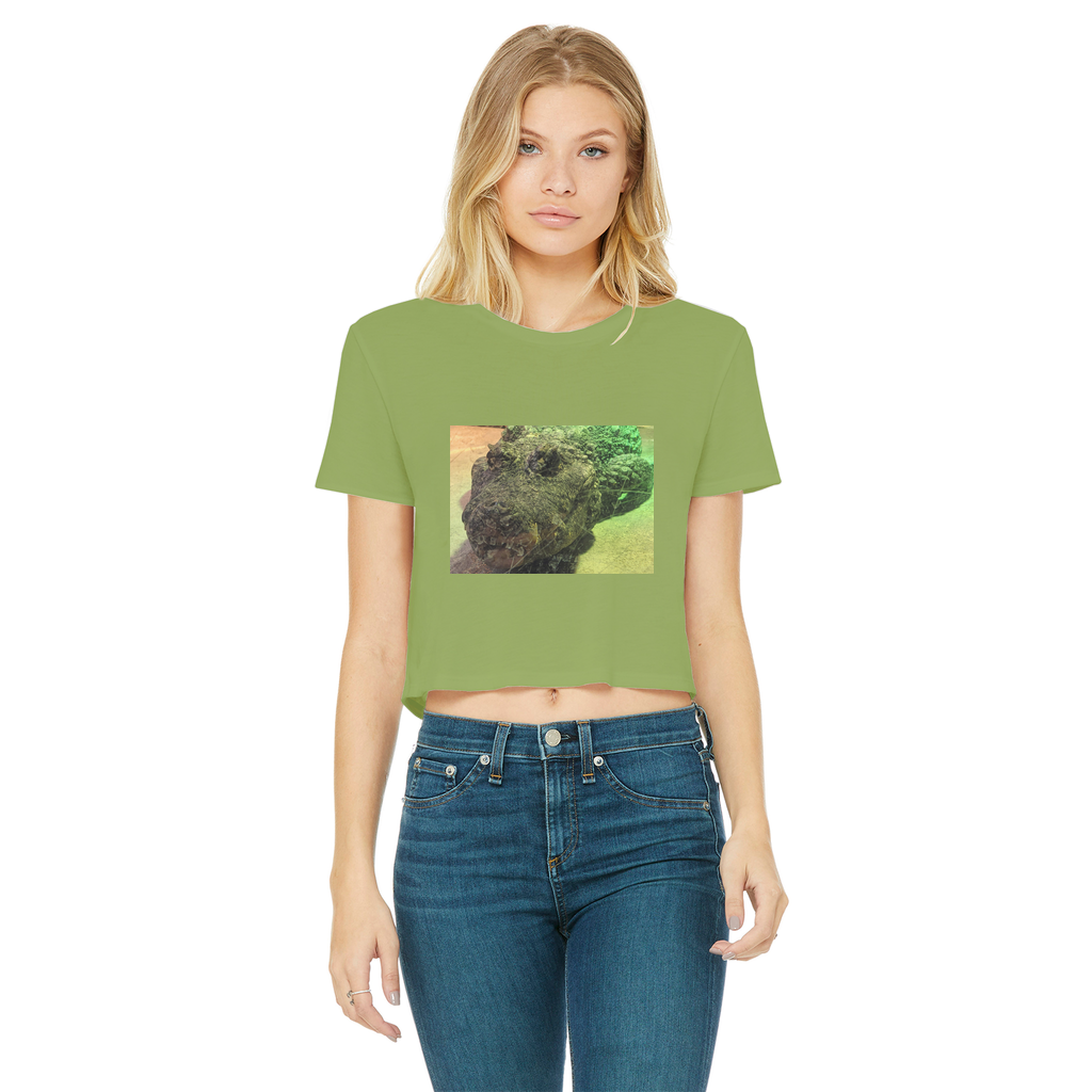 Crocodiles Classic Women's Cropped Raw Edge T-Shirt featuring a round neck, short sleeves, and raw edge hem in various colors.