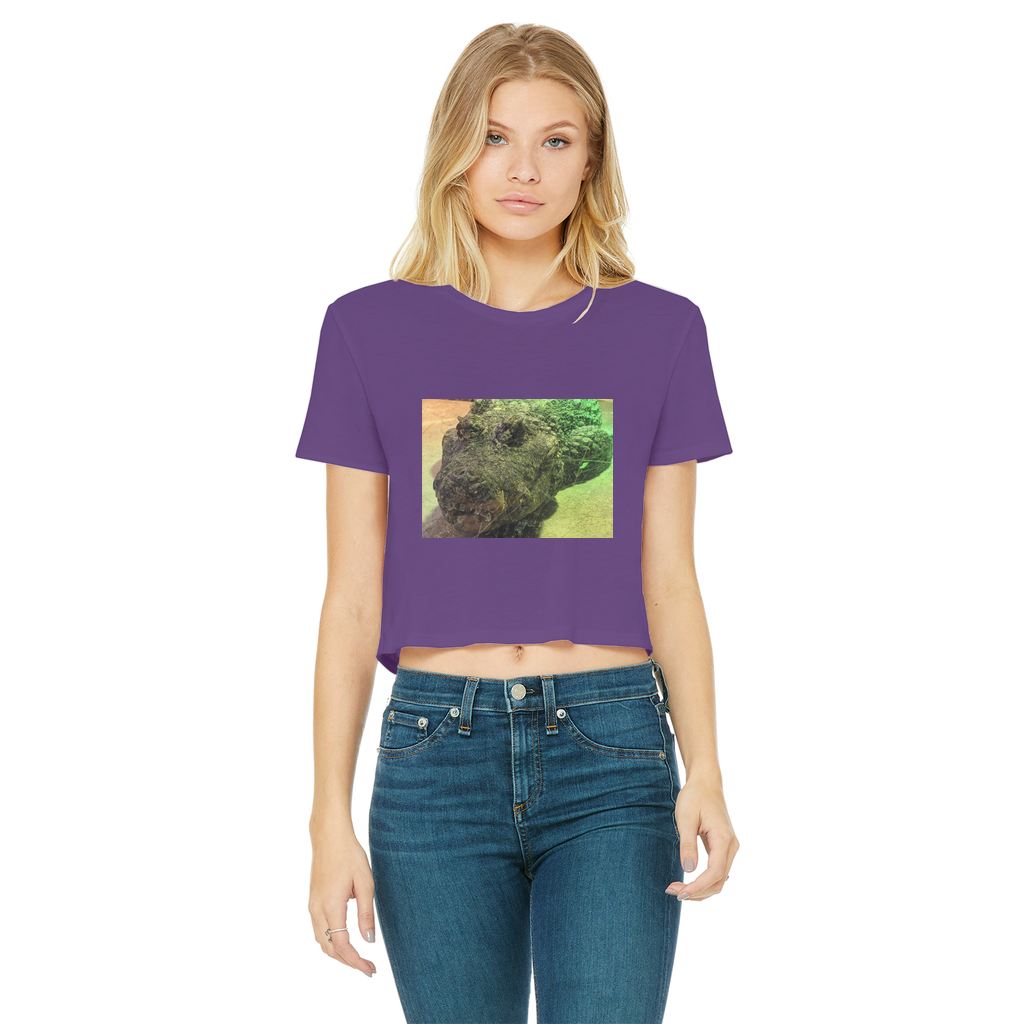 Crocodiles Classic Women's Cropped Raw Edge T-Shirt featuring a round neck, short sleeves, and raw edge hem in various colors.