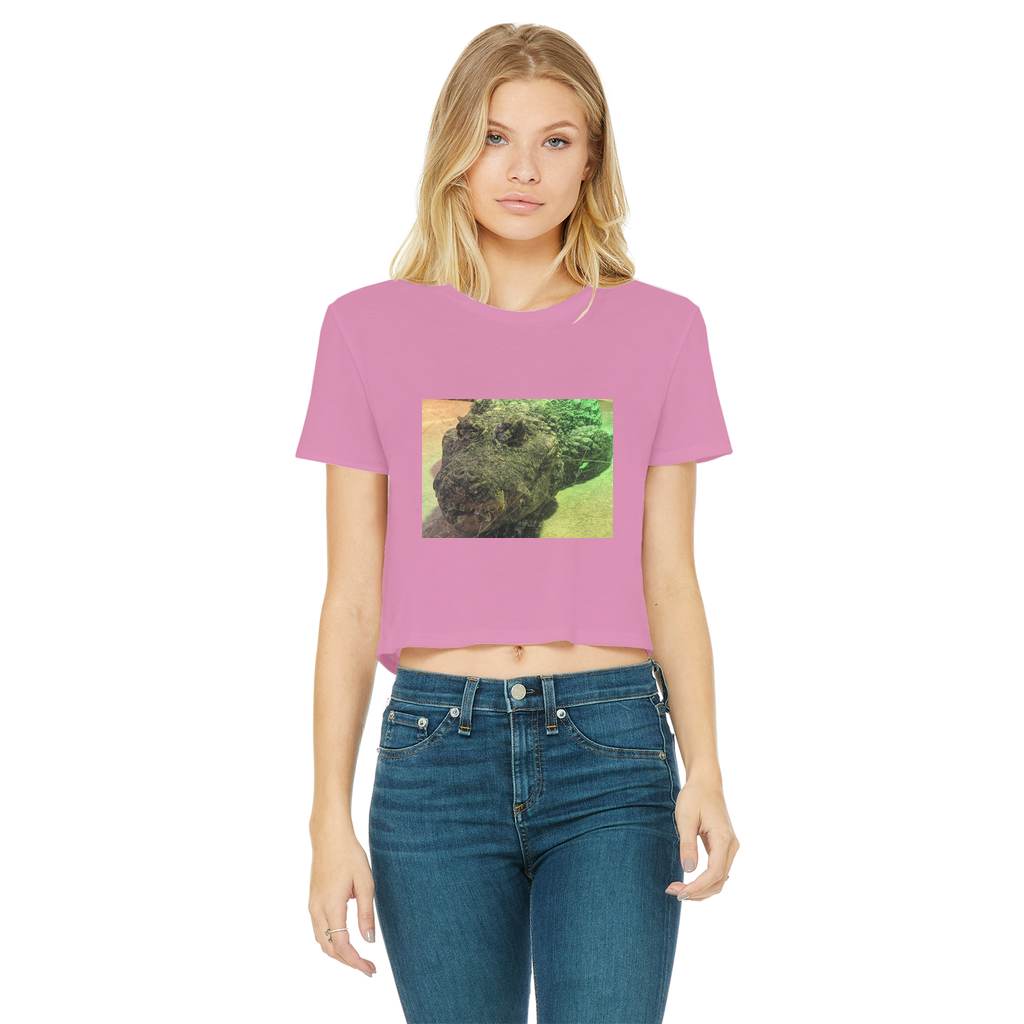 Crocodiles Classic Women's Cropped Raw Edge T-Shirt featuring a round neck, short sleeves, and raw edge hem in various colors.