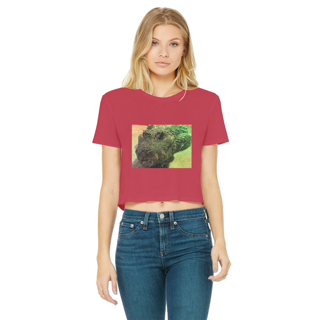 Crocodiles Classic Women's Cropped Raw Edge T-Shirt featuring a round neck, short sleeves, and raw edge hem in various colors.