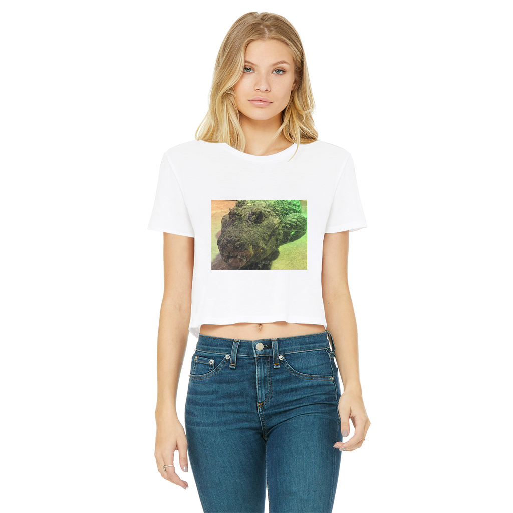 Crocodiles Classic Women's Cropped Raw Edge T-Shirt featuring a round neck, short sleeves, and raw edge hem in various colors.