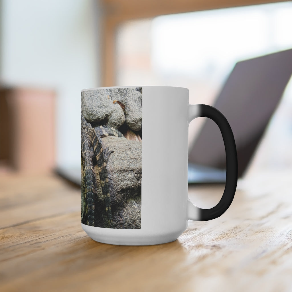 Crocodiles Color Changing Mug showcasing vibrant colors when filled with a hot beverage, featuring a playful crocodile design.