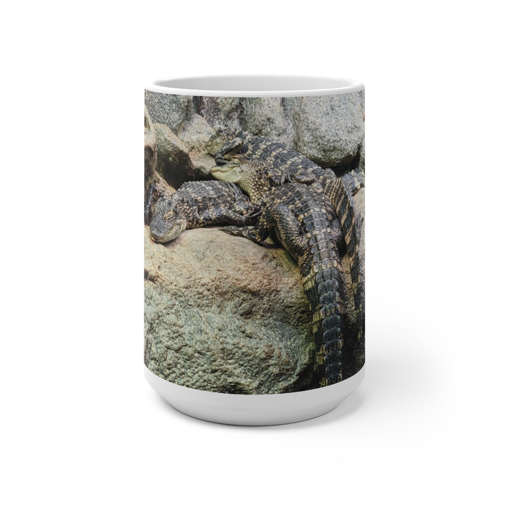 Crocodiles Color Changing Mug showcasing vibrant colors when filled with a hot beverage, featuring a playful crocodile design.