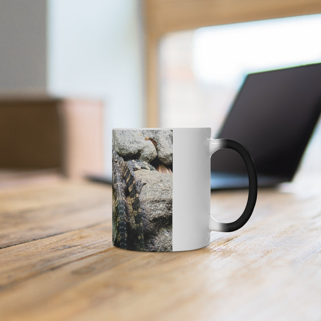 Crocodiles Color Changing Mug showcasing vibrant colors when filled with a hot beverage, featuring a playful crocodile design.