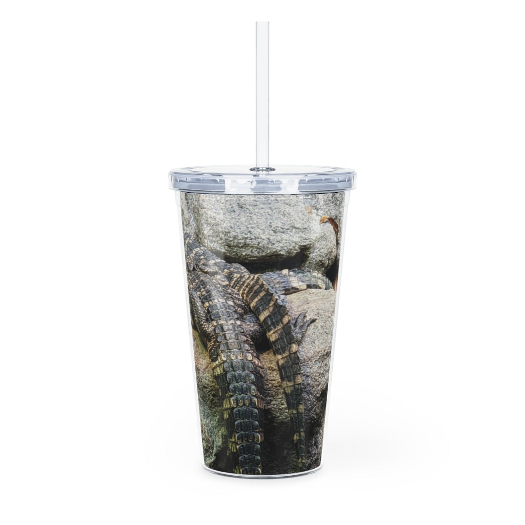 Crocodiles Plastic Tumbler with Straw, featuring a customizable design and double wall insulation, perfect for parties and events.