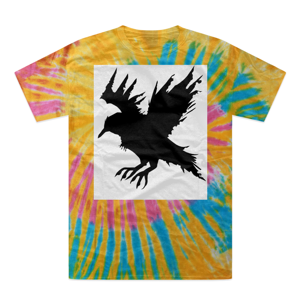 A vibrant Crow Tie-Dye T-Shirt featuring unique hand-dyed patterns in various colors, made from 100% heavyweight cotton.