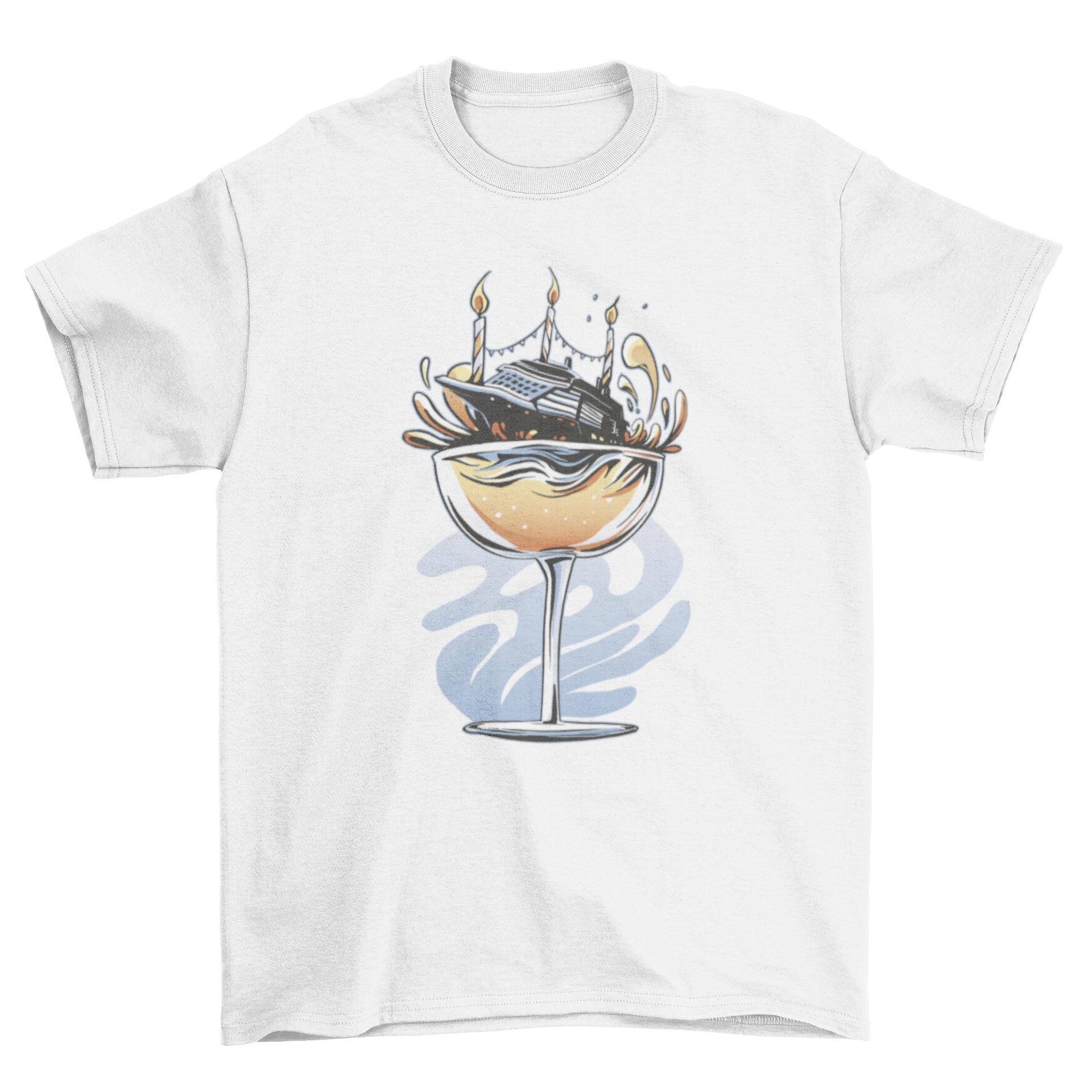 A stylish t-shirt featuring a vibrant graphic of a cruise ship on a cocktail glass, perfect for summer wear.
