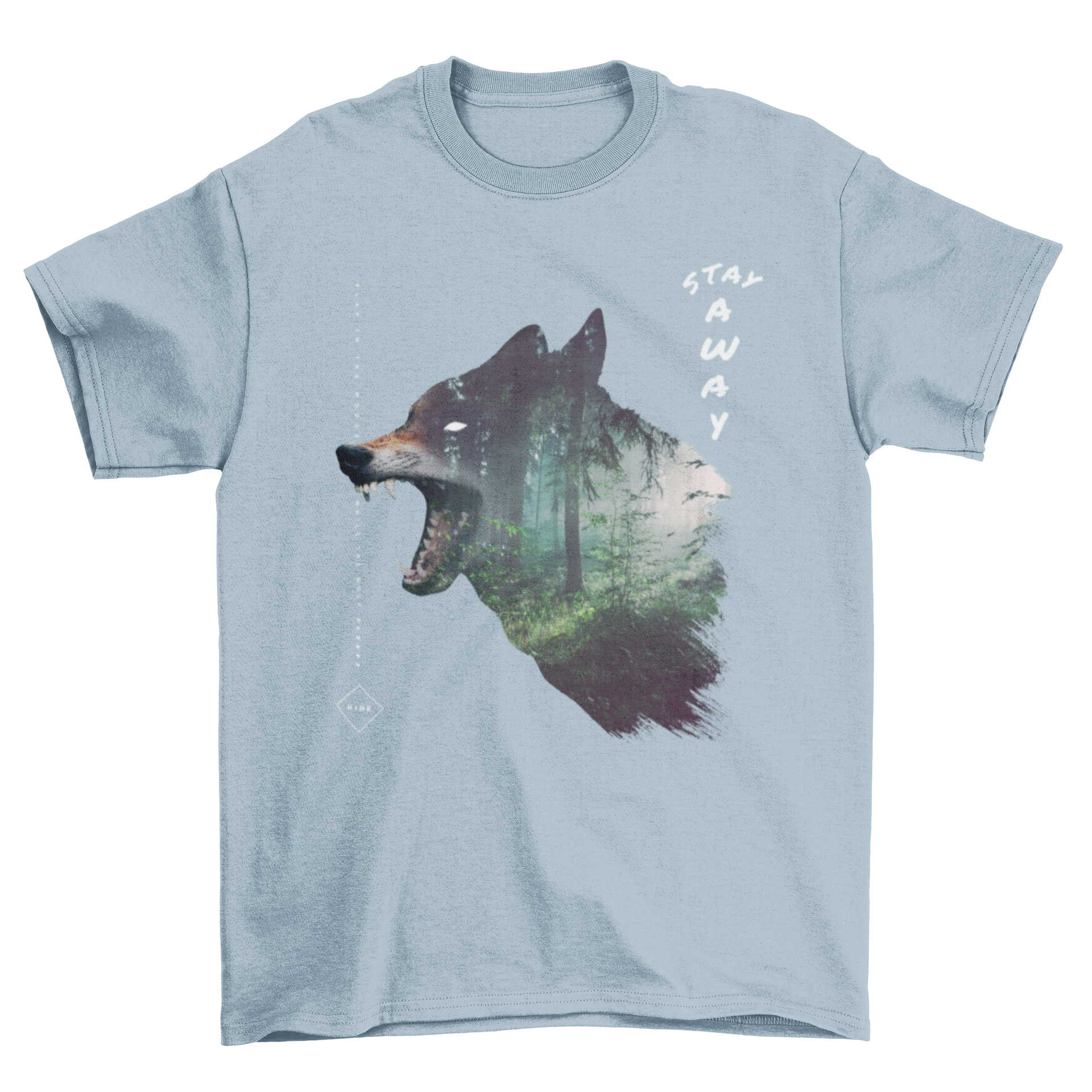 Crying howling wolf and forest double exposure t-shirt featuring a majestic wolf howling against a lush forest background.