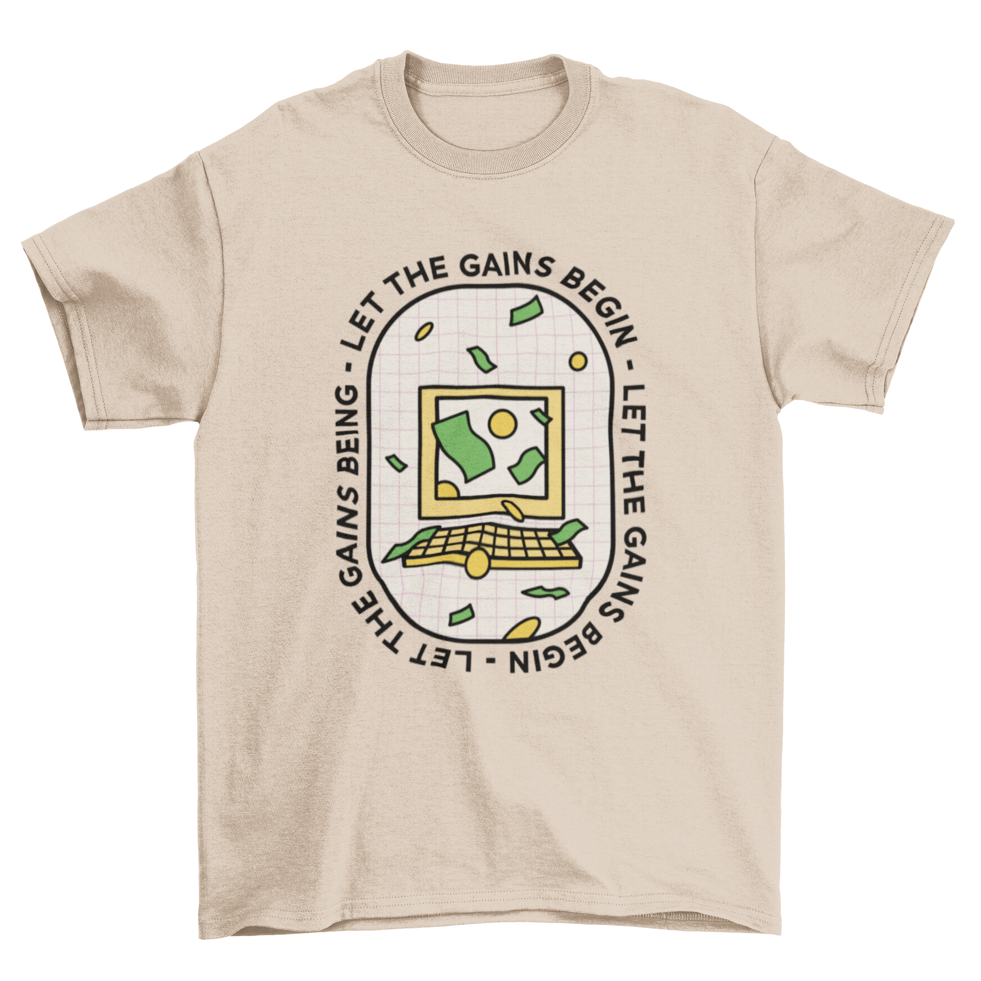 Crypto currency t-shirt featuring a computer and falling money with the quote 'Let the gains begin'.