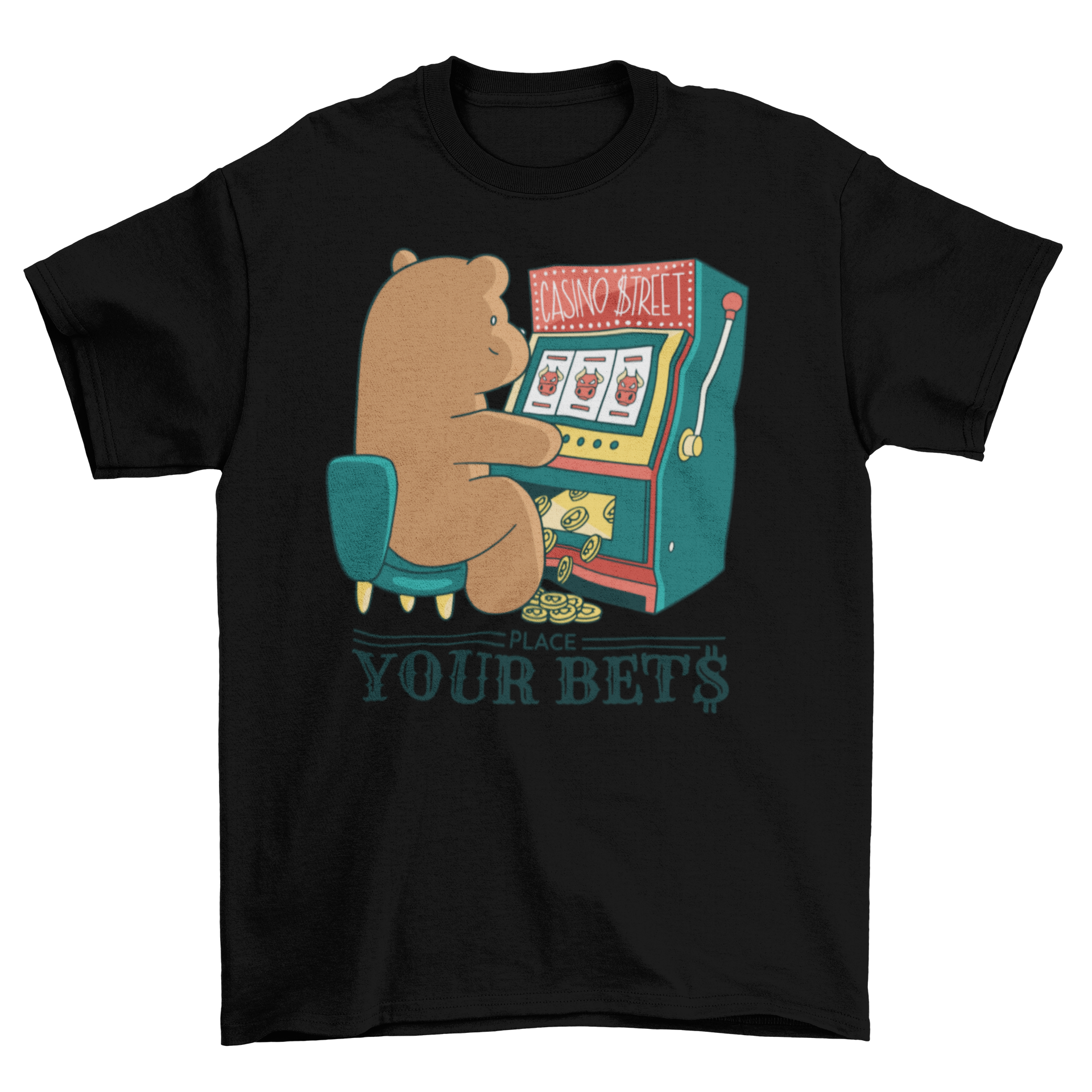 Crypto Finance bear t-shirt design featuring a bear hitting a jackpot at a slot machine with bitcoins and stock market bulls.