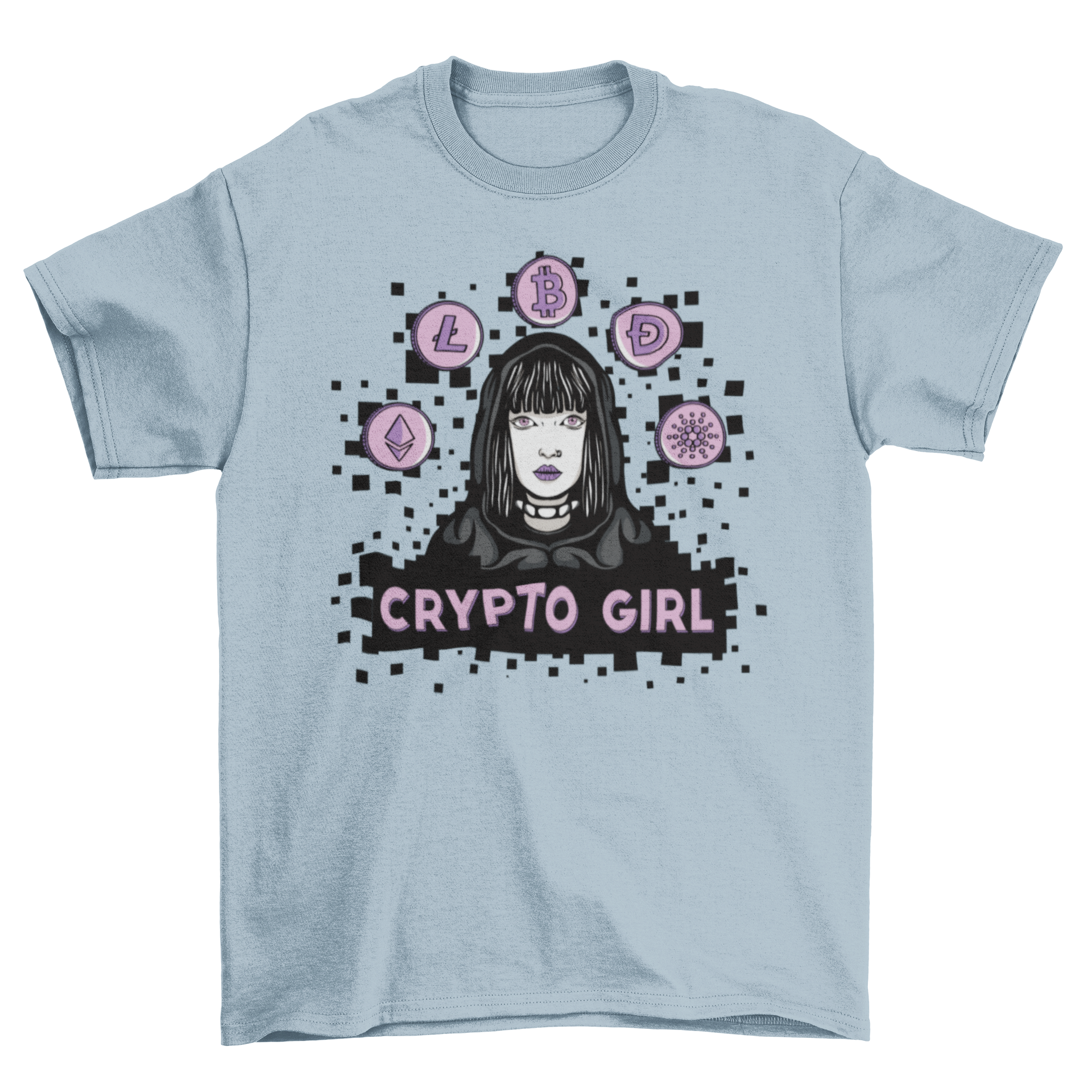 Stylish Crypto Girl T-shirt featuring a hooded girl design with the caption 'Crypto Girl'.