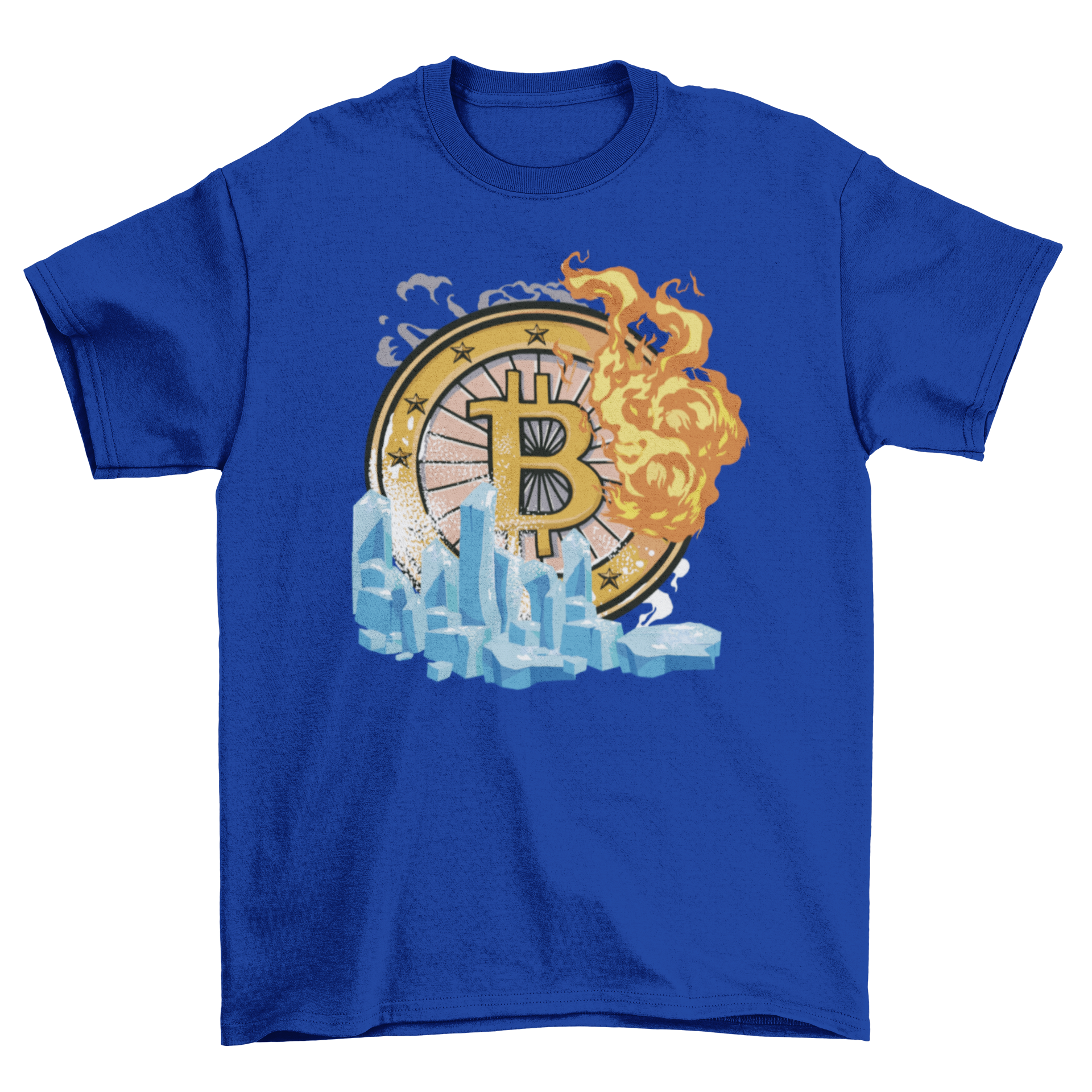 Cryptocurrency Ice and Fire T-shirt featuring a unique logo design with ice and fire elements.