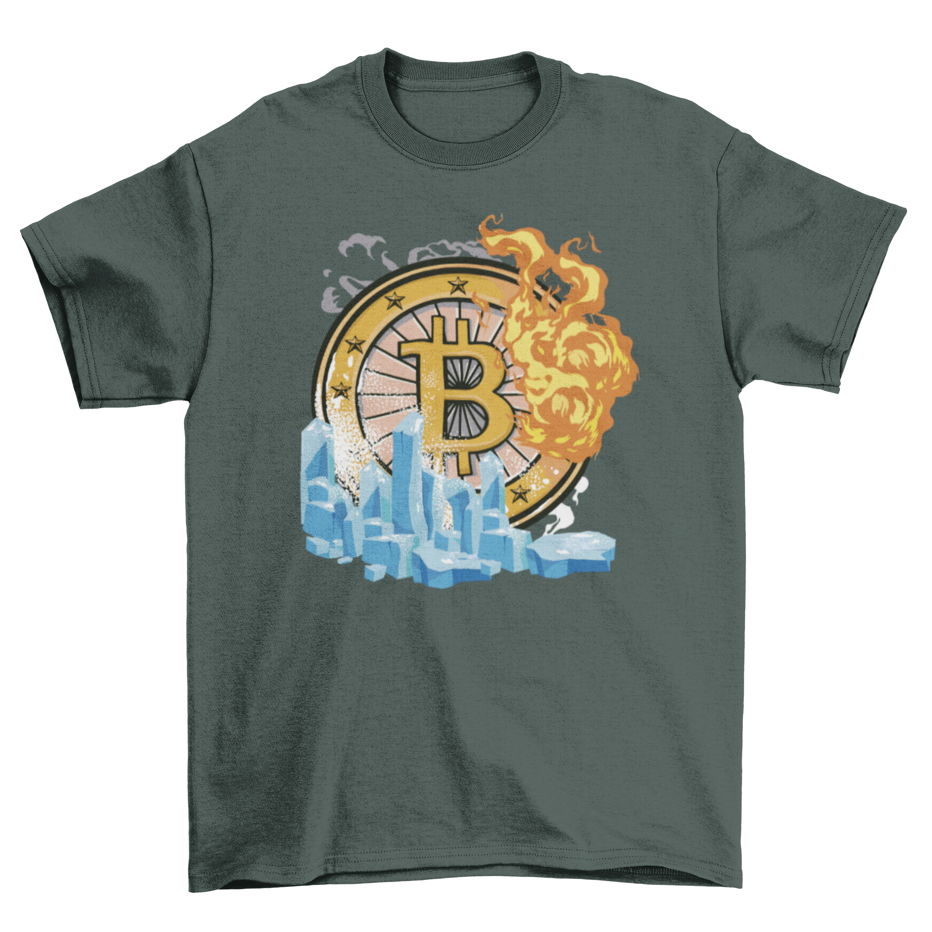 Cryptocurrency Ice and Fire T-shirt featuring a unique logo design with ice and fire elements.