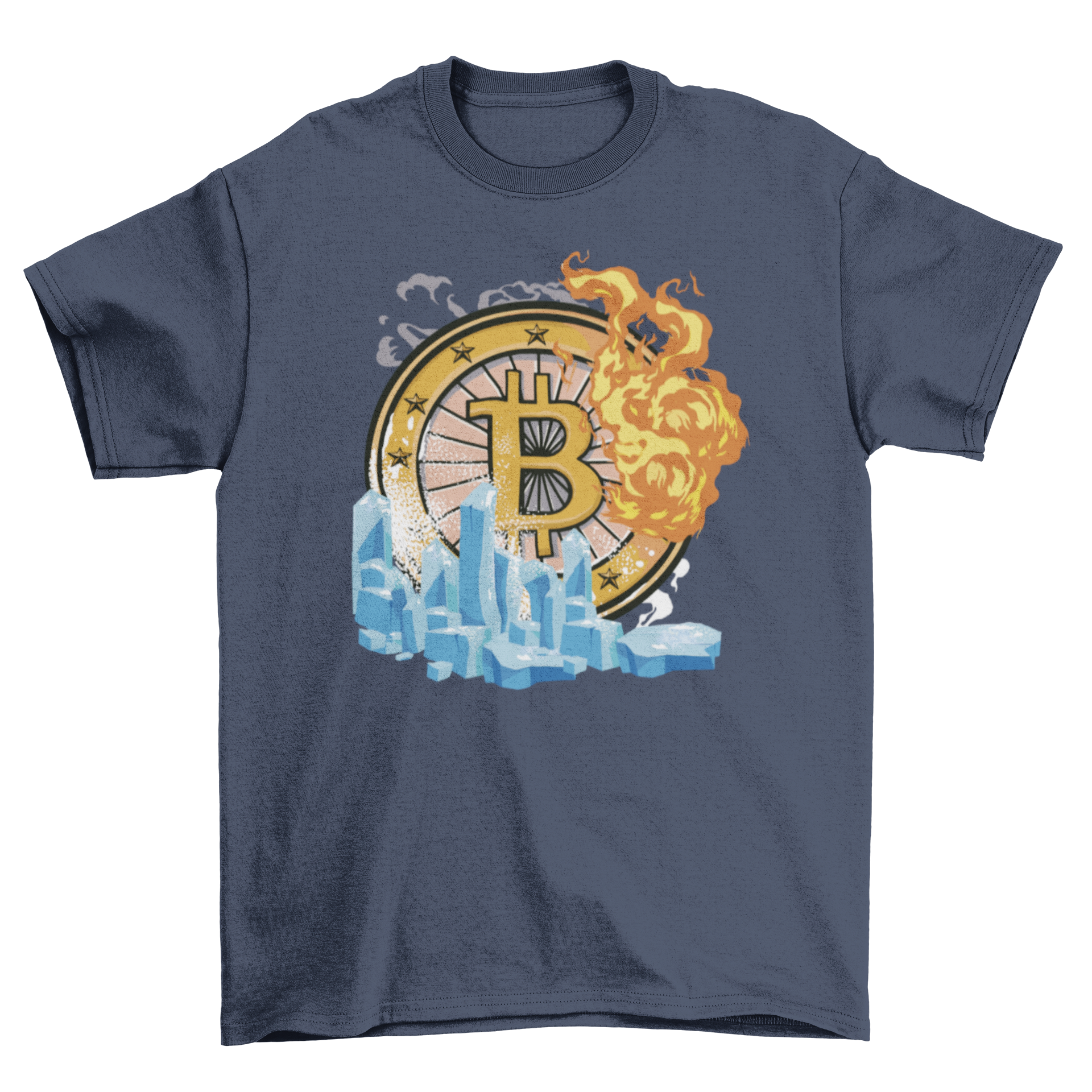Cryptocurrency Ice and Fire T-shirt featuring a unique logo design with ice and fire elements.
