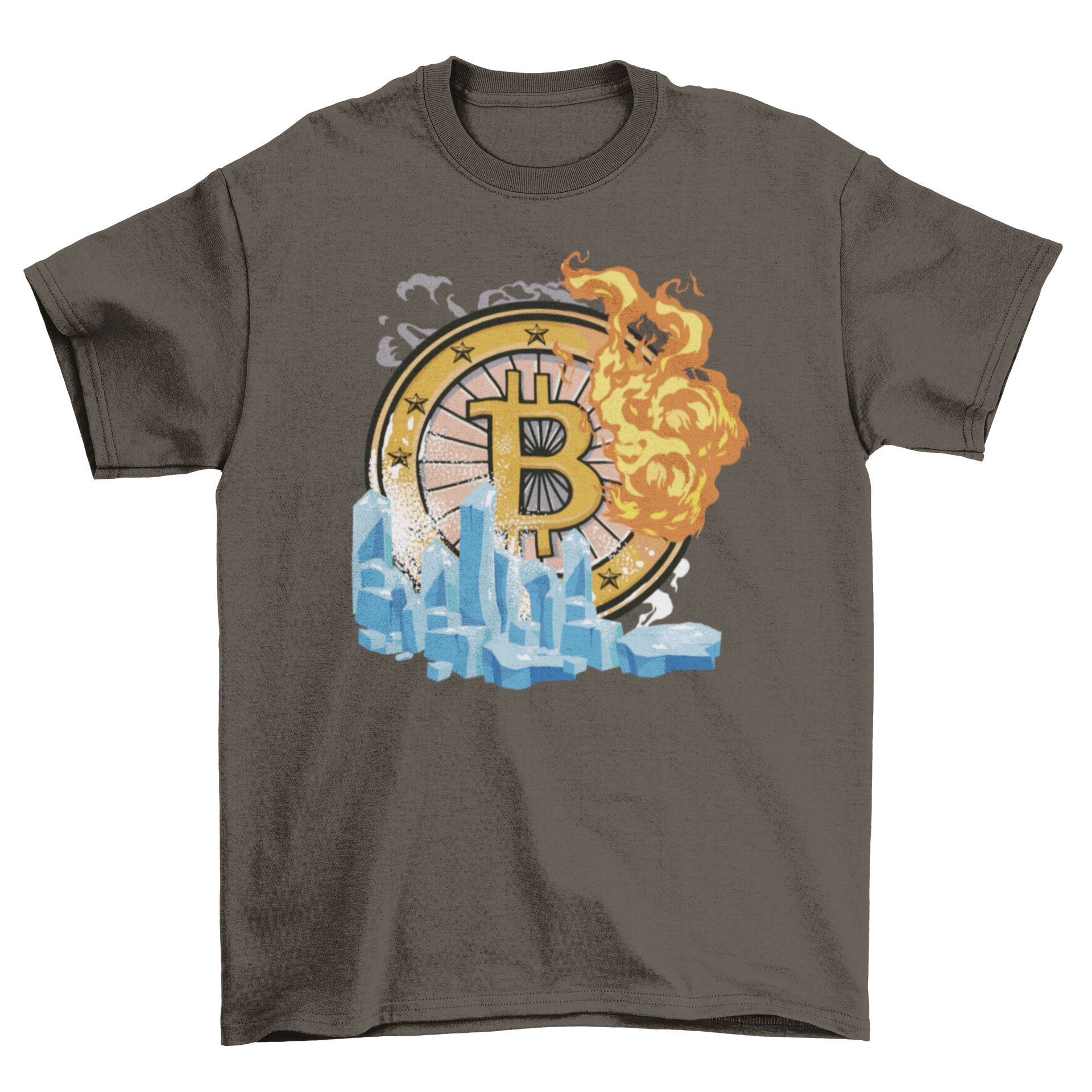 Cryptocurrency Ice and Fire T-shirt featuring a unique logo design with ice and fire elements.