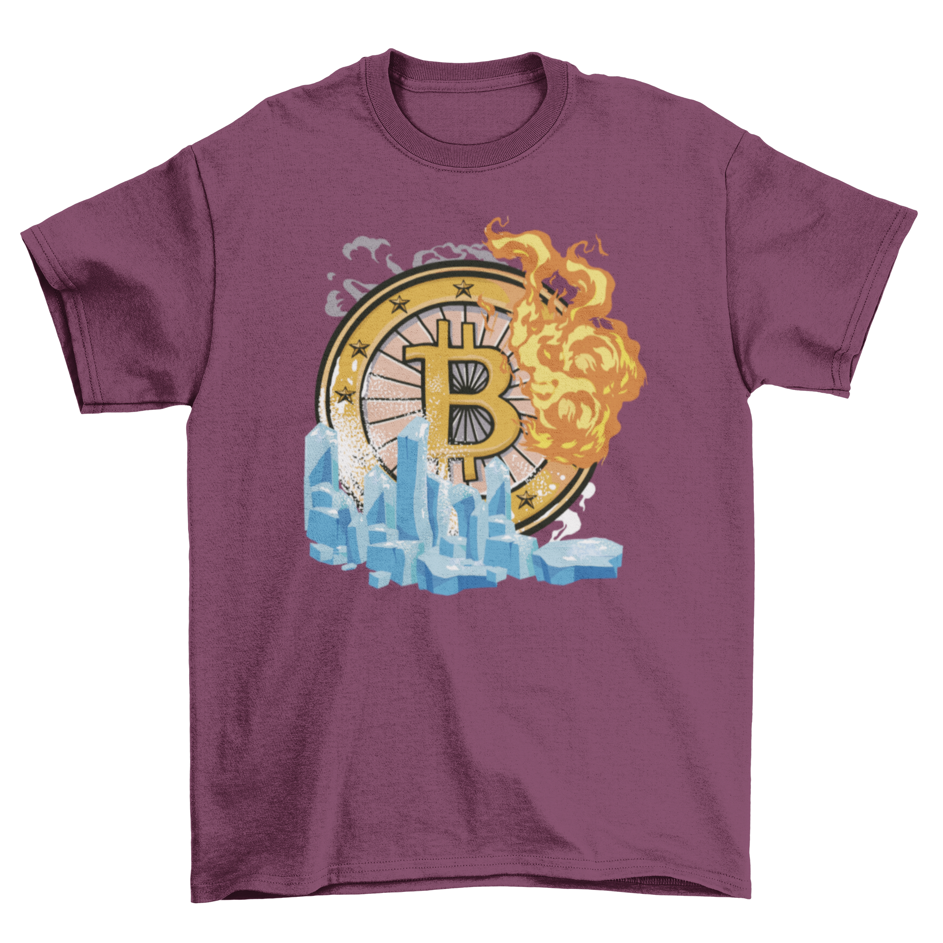 Cryptocurrency Ice and Fire T-shirt featuring a unique logo design with ice and fire elements.