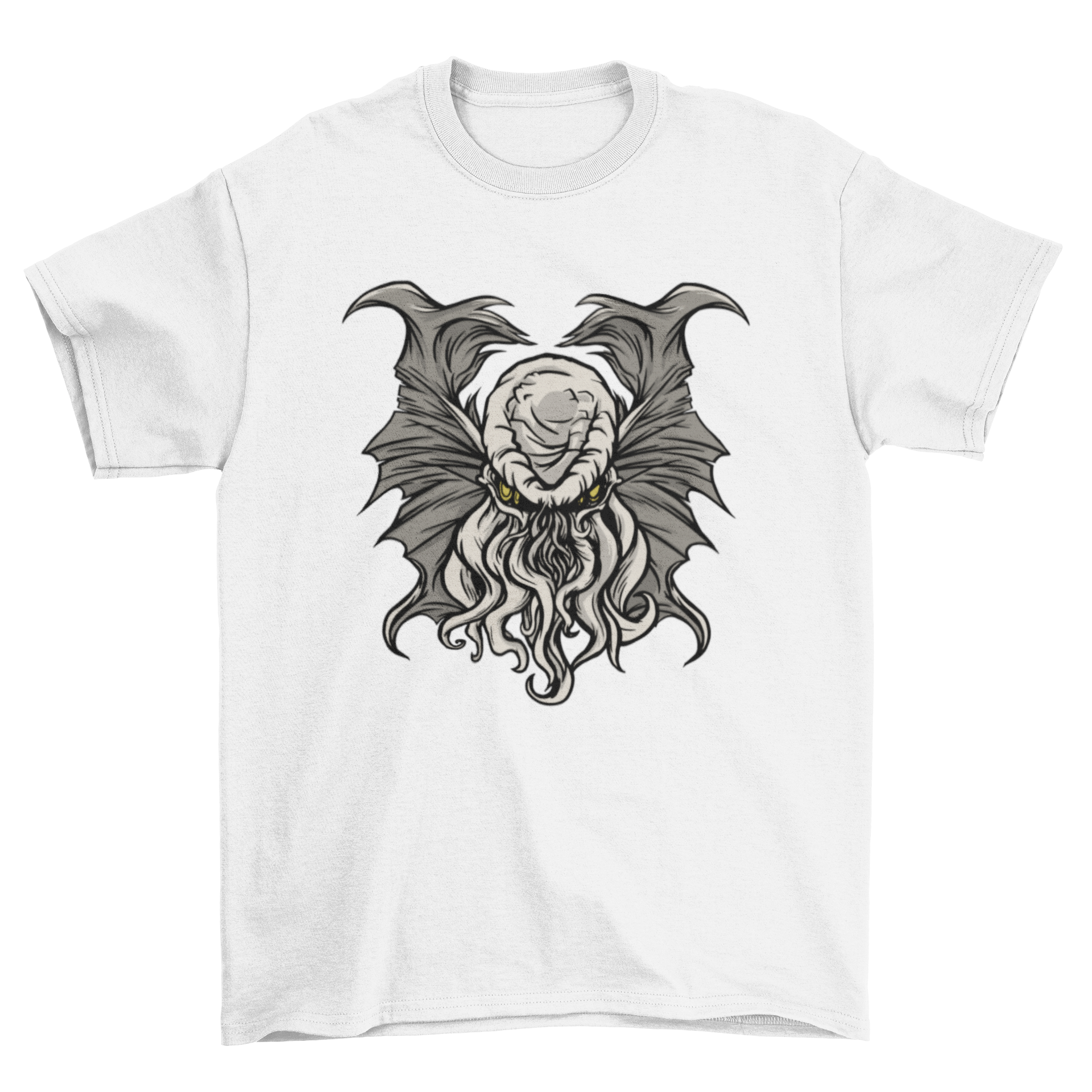 A chilling illustration of the cosmic entity Cthulhu on a black t-shirt, showcasing intricate details and a horror-themed design.