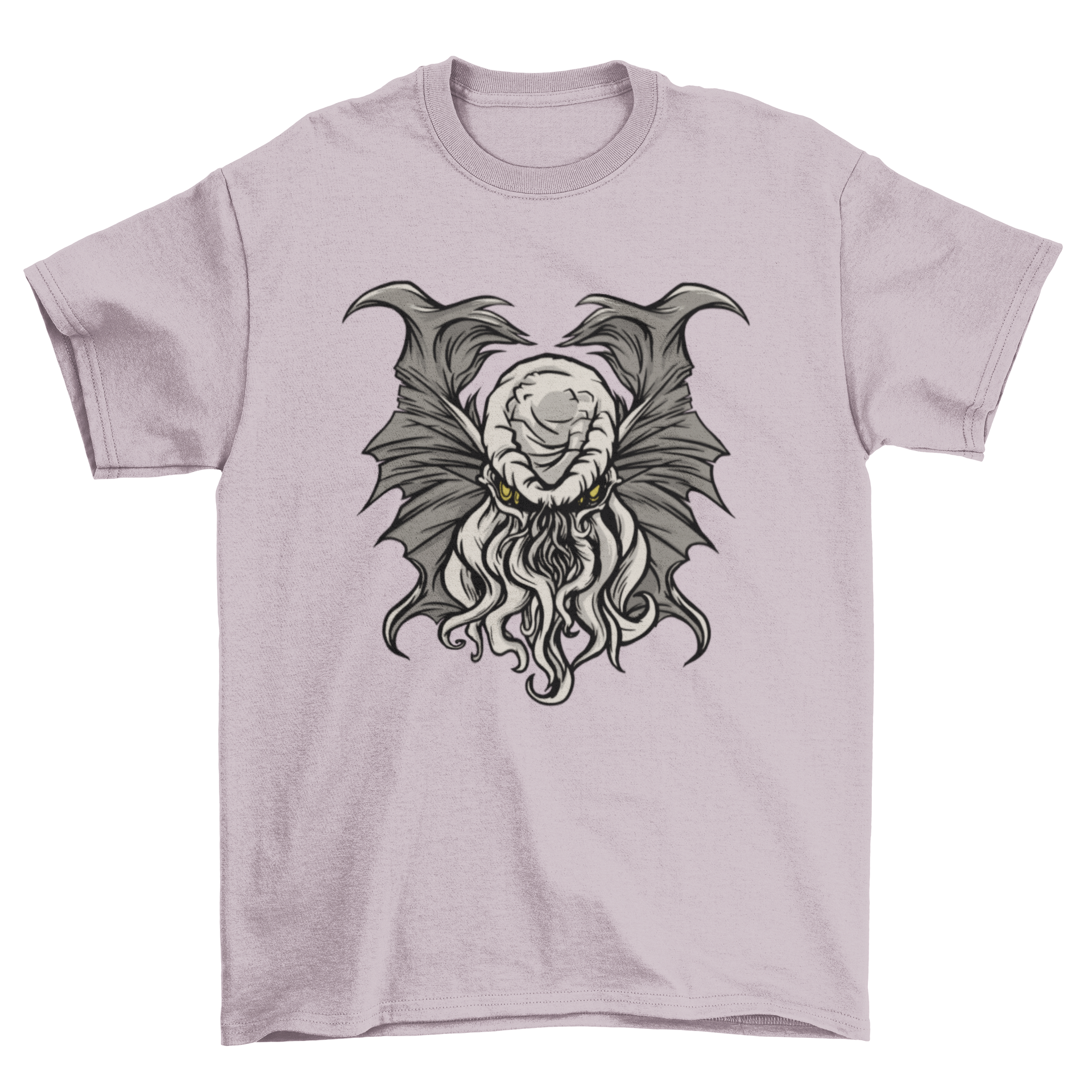 A chilling illustration of the cosmic entity Cthulhu on a black t-shirt, showcasing intricate details and a horror-themed design.