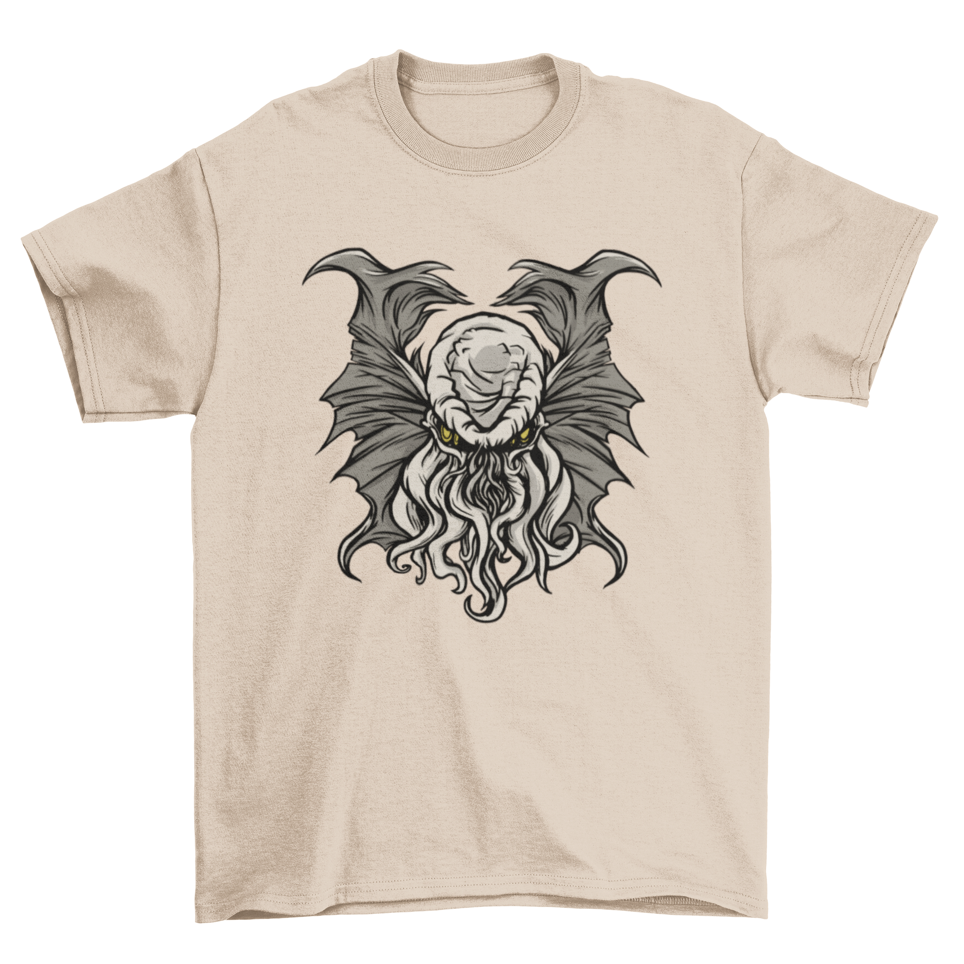 A chilling illustration of the cosmic entity Cthulhu on a black t-shirt, showcasing intricate details and a horror-themed design.
