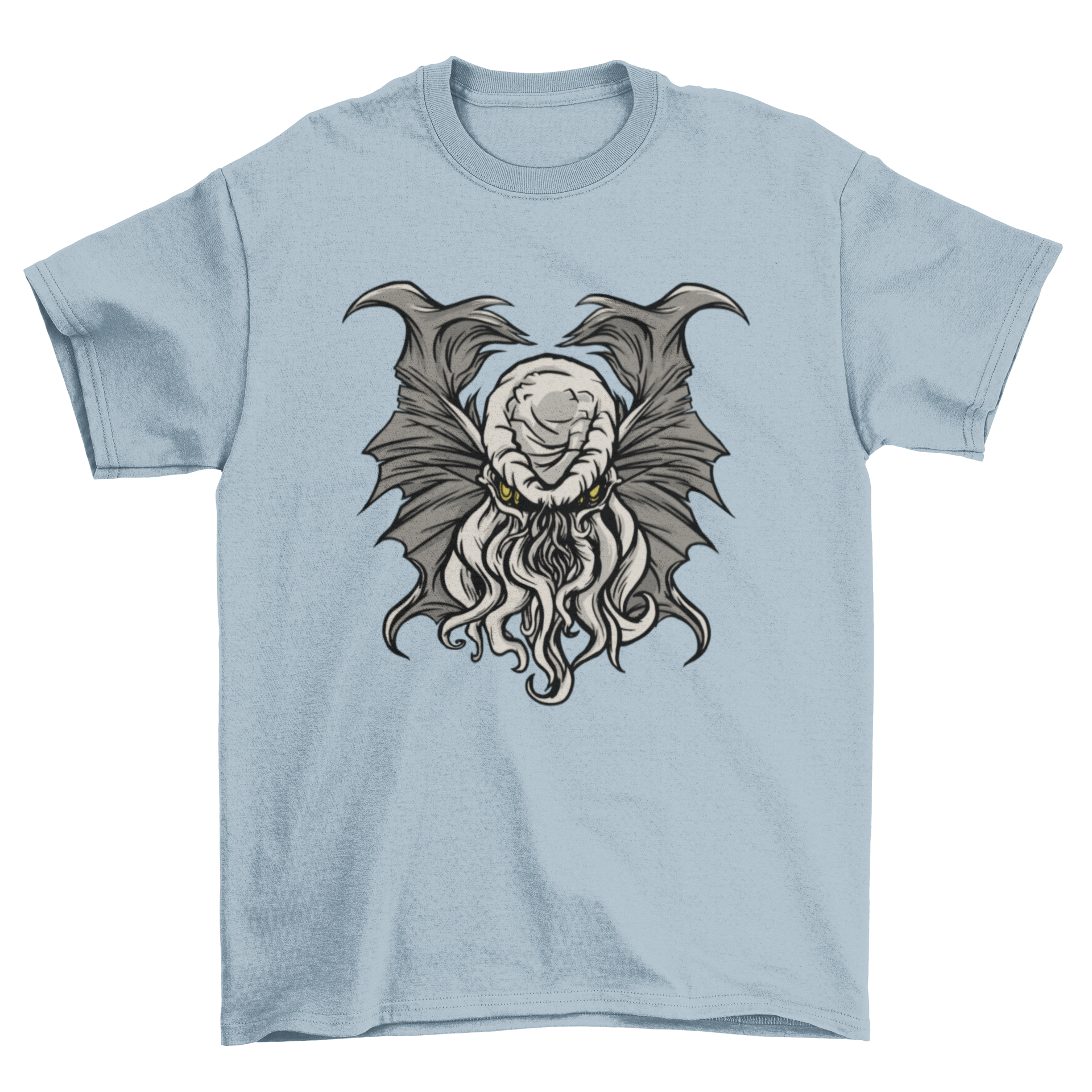 A chilling illustration of the cosmic entity Cthulhu on a black t-shirt, showcasing intricate details and a horror-themed design.