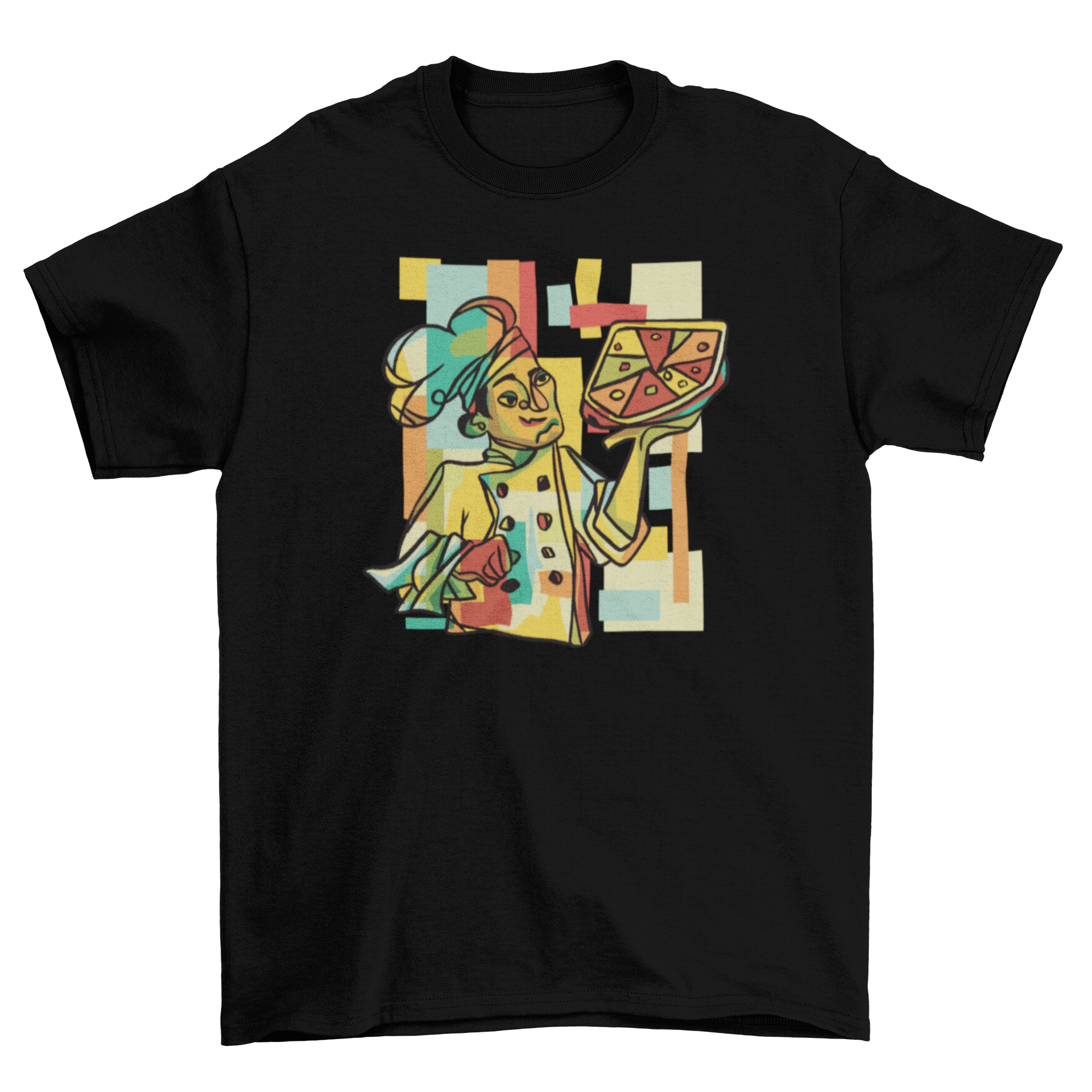 Cubist pizza t-shirt featuring an avant-garde pizza chef design in vibrant colors.