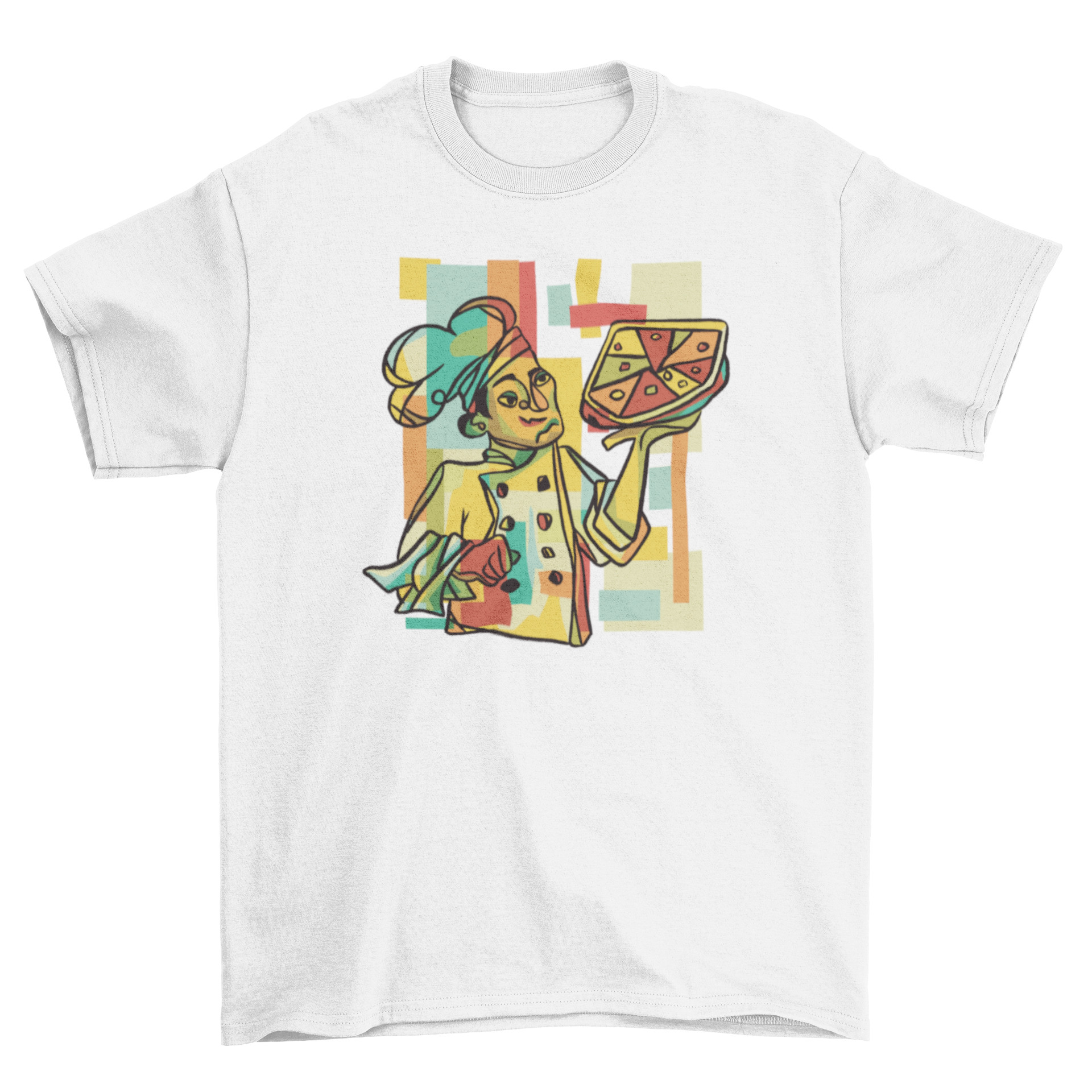 Cubist pizza t-shirt featuring an avant-garde pizza chef design in vibrant colors.