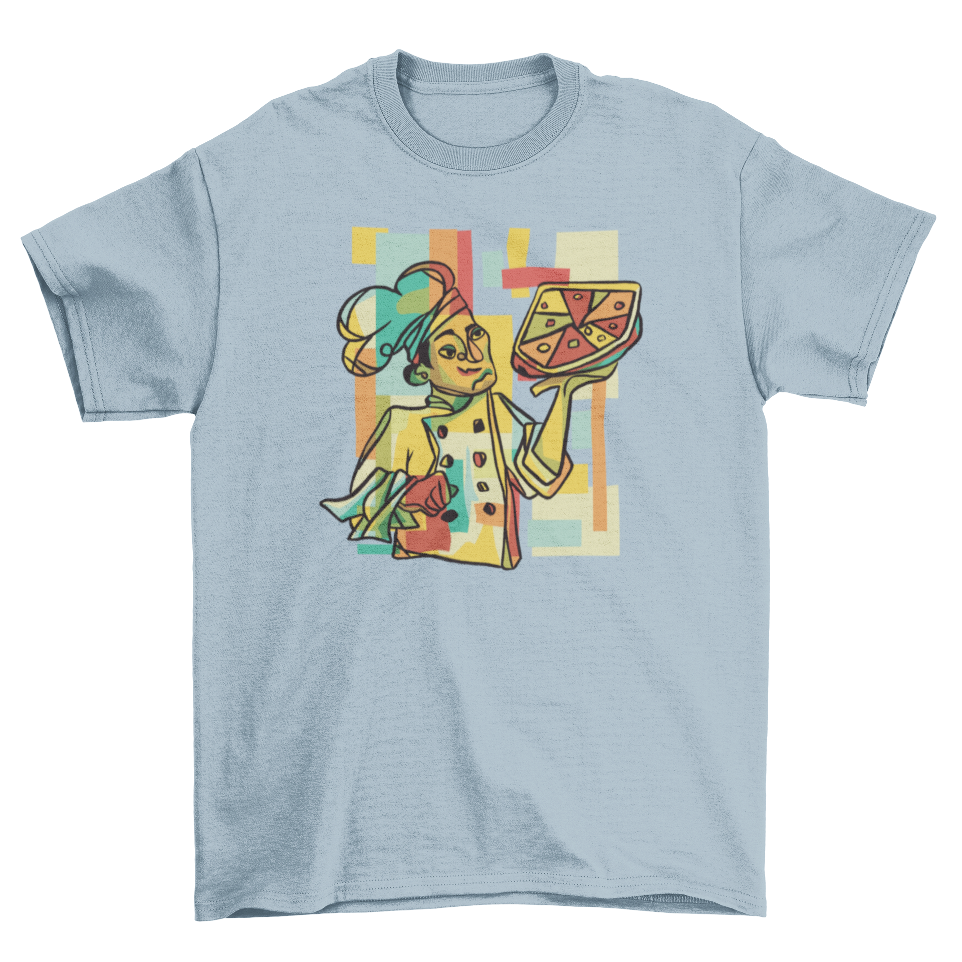 Cubist pizza t-shirt featuring an avant-garde pizza chef design in vibrant colors.