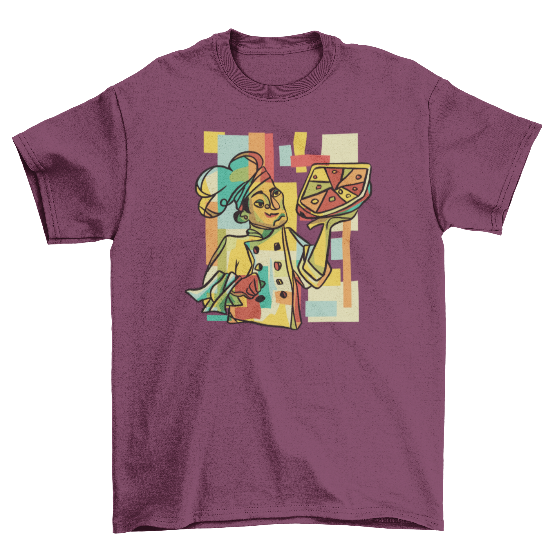Cubist pizza t-shirt featuring an avant-garde pizza chef design in vibrant colors.