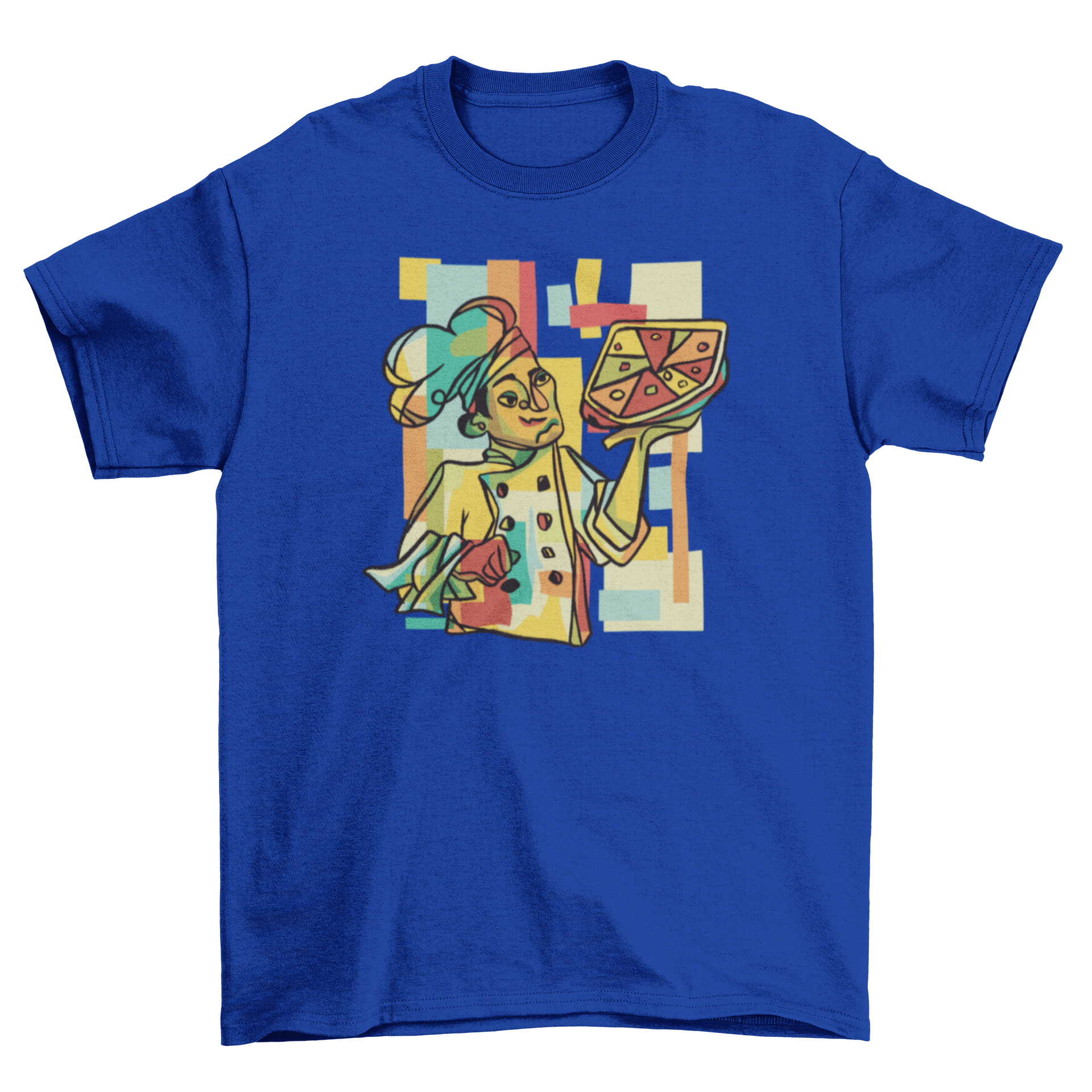 Cubist pizza t-shirt featuring an avant-garde pizza chef design in vibrant colors.