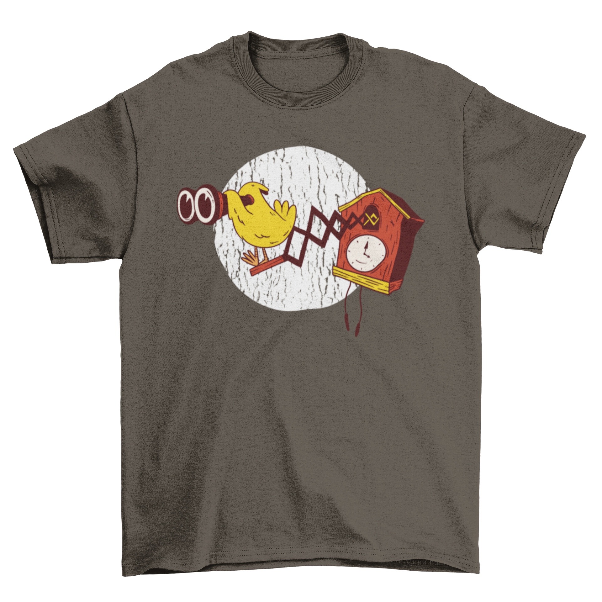 Cuckoo Clock Binoculars T-shirt featuring a cuckoo bird design on a white grunge background.