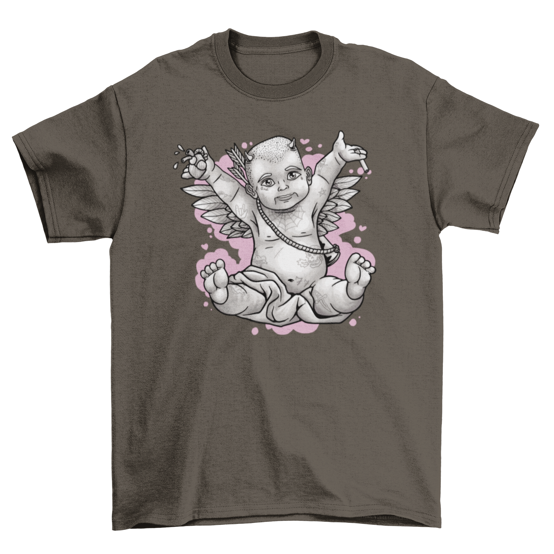 A stylish t-shirt featuring a baby cupid with wings and colorful tattoos, showcasing a unique and modern design.