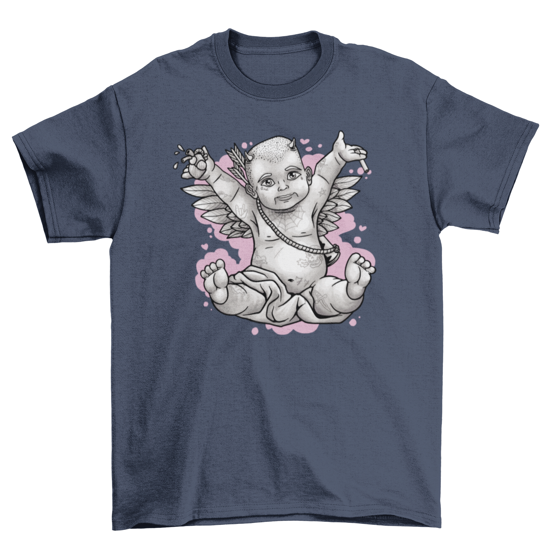 A stylish t-shirt featuring a baby cupid with wings and colorful tattoos, showcasing a unique and modern design.