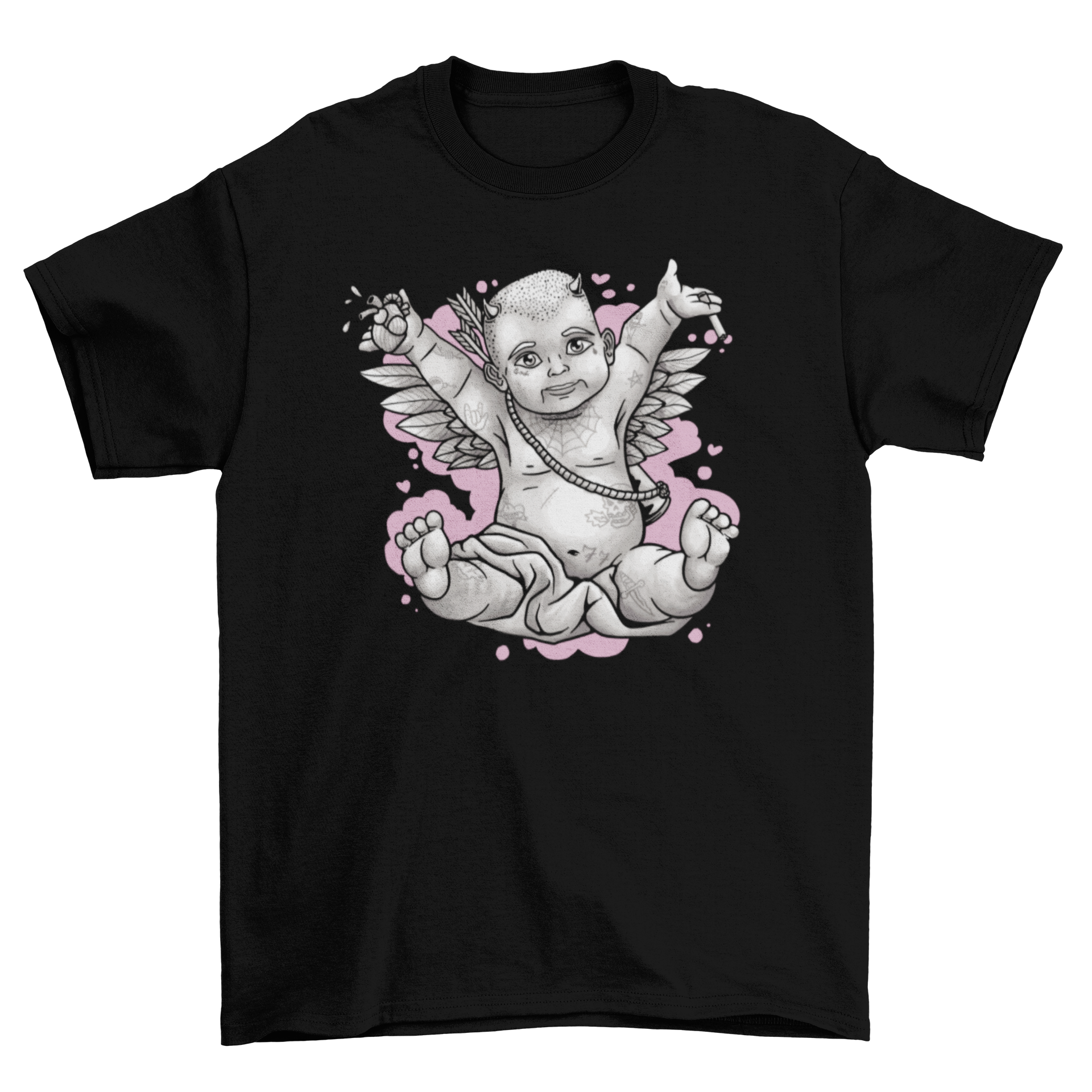 A stylish t-shirt featuring a baby cupid with wings and colorful tattoos, showcasing a unique and modern design.