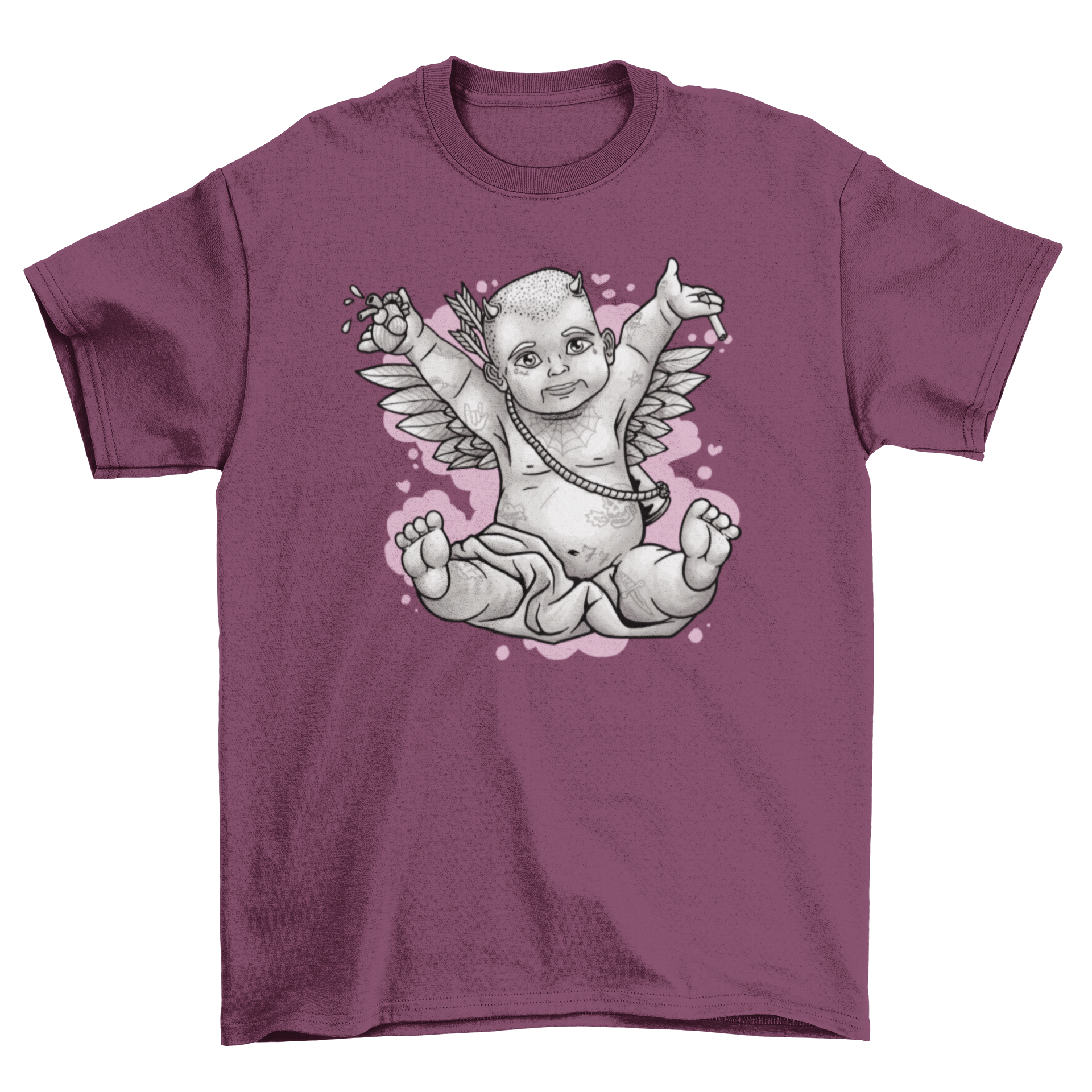A stylish t-shirt featuring a baby cupid with wings and colorful tattoos, showcasing a unique and modern design.
