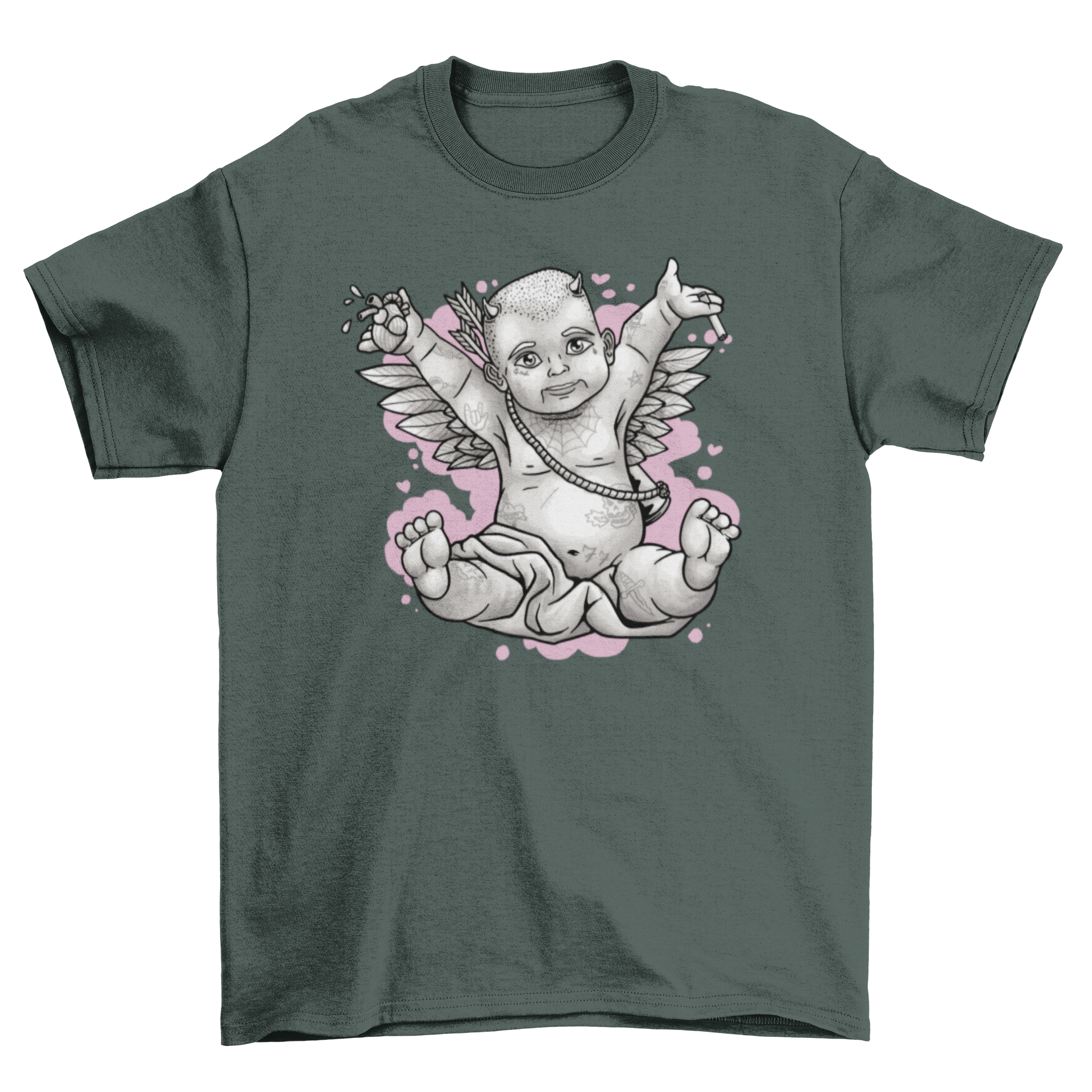 A stylish t-shirt featuring a baby cupid with wings and colorful tattoos, showcasing a unique and modern design.