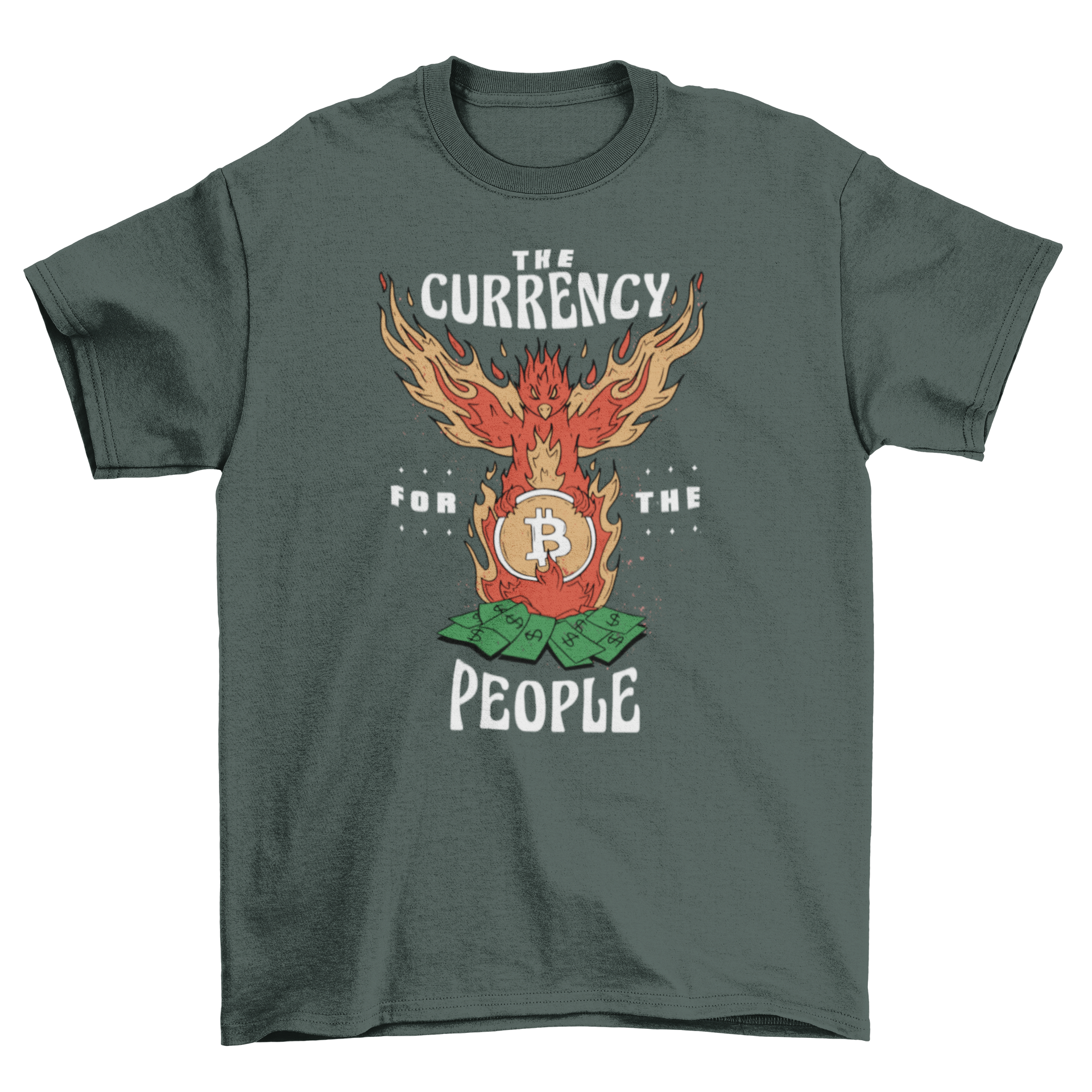 A stylish Bitcoin t-shirt featuring a vibrant phoenix design and the quote 'The currency for the people'.