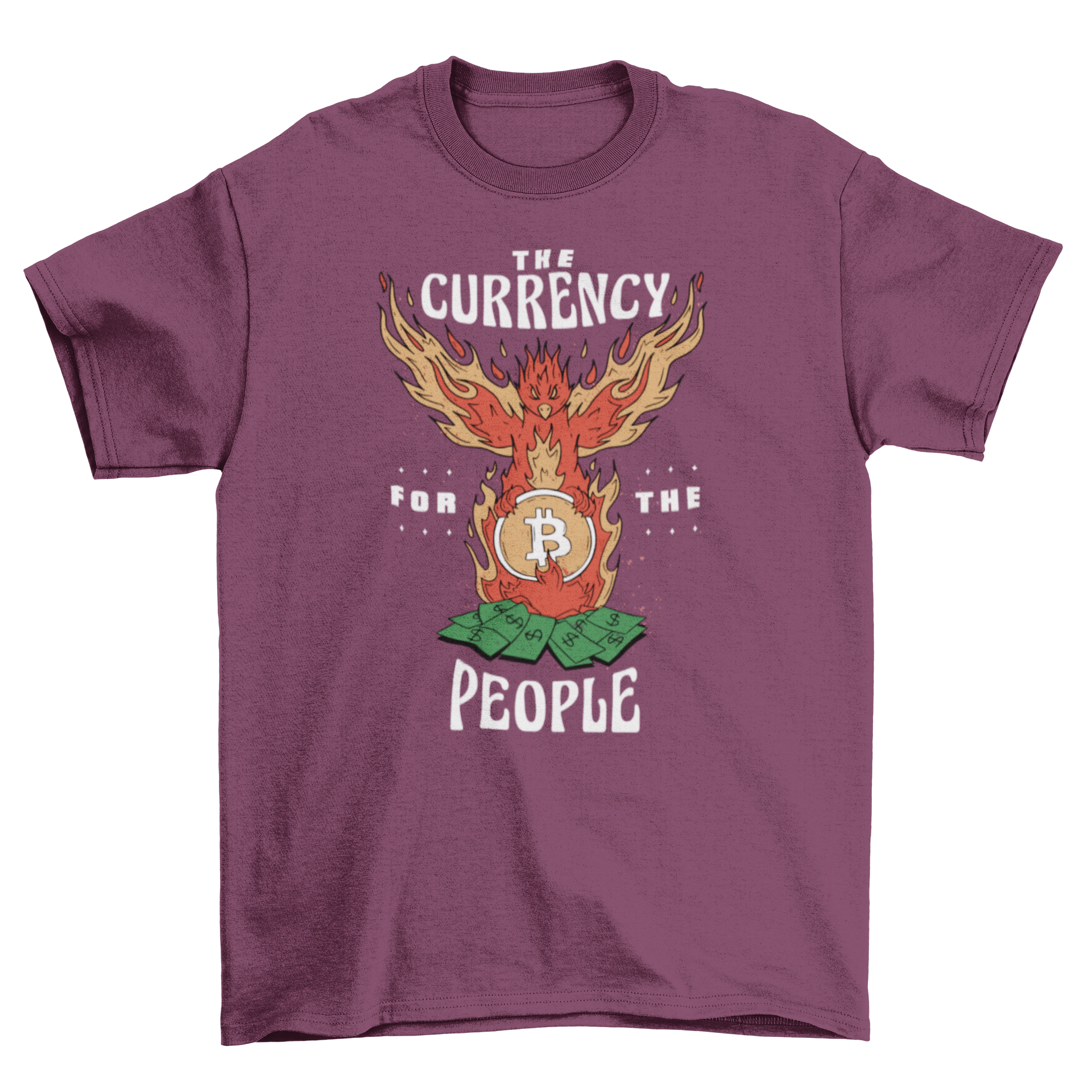 A stylish Bitcoin t-shirt featuring a vibrant phoenix design and the quote 'The currency for the people'.