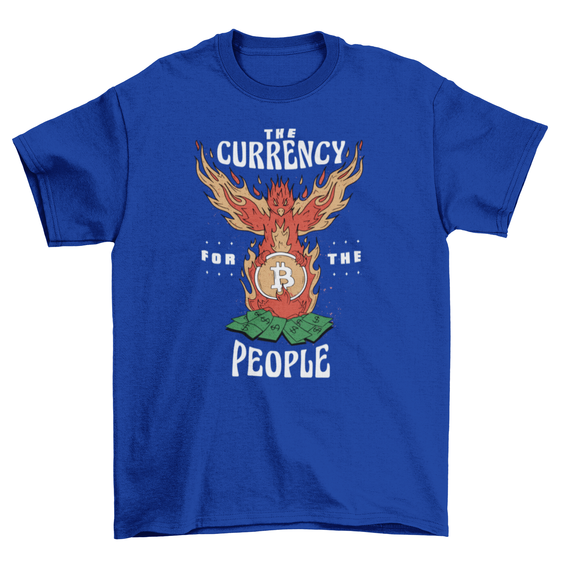 A stylish Bitcoin t-shirt featuring a vibrant phoenix design and the quote 'The currency for the people'.