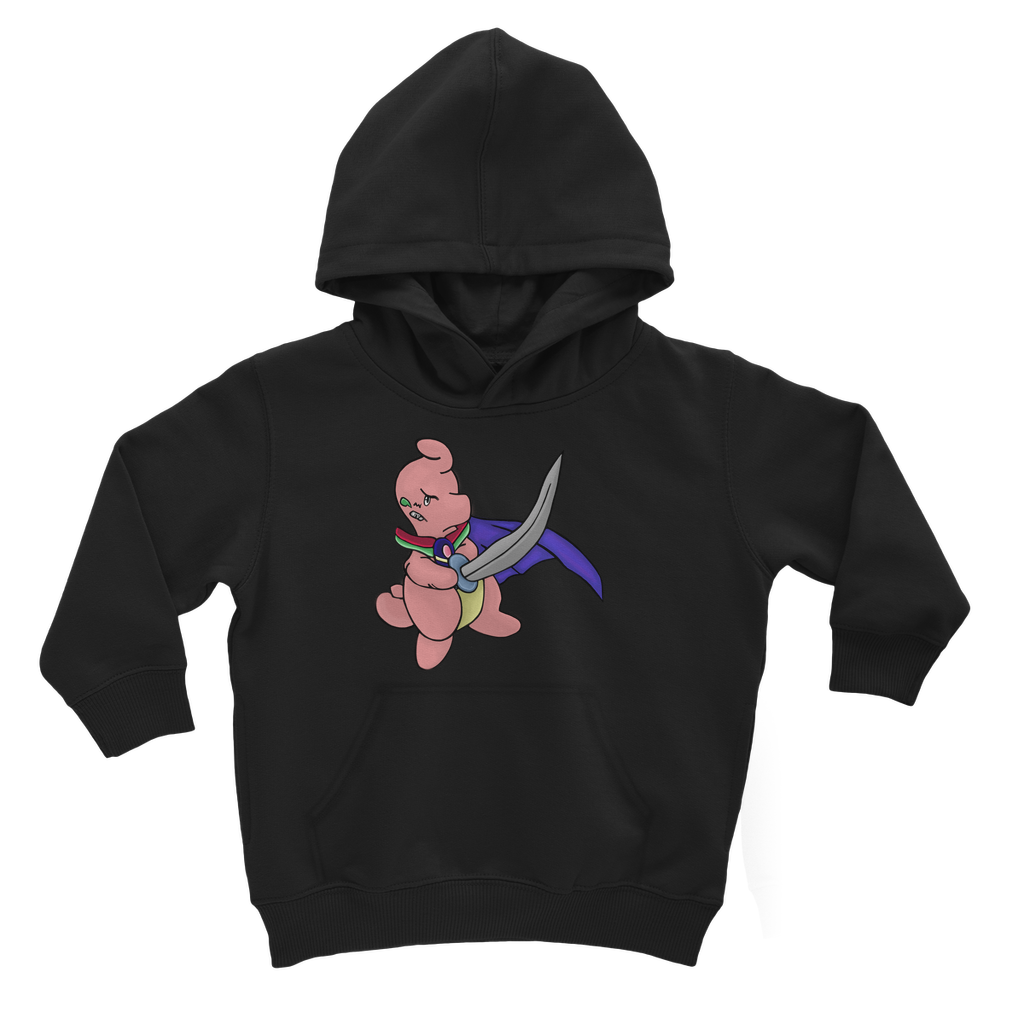 Curswordsman Classic Kids Hoodie featuring a soft cotton blend, kangaroo pouch pocket, and ribbed cuffs in various colors.