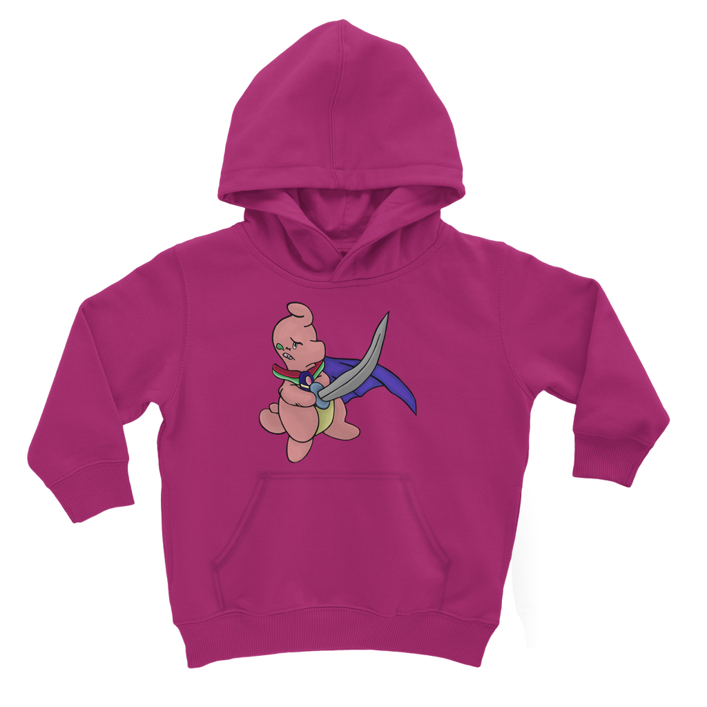 Curswordsman Classic Kids Hoodie featuring a soft cotton blend, kangaroo pouch pocket, and ribbed cuffs in various colors.