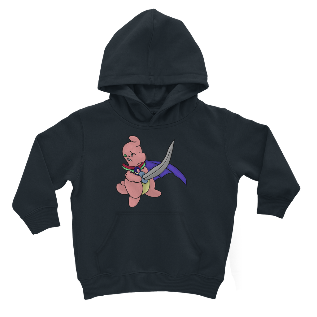 Curswordsman Classic Kids Hoodie featuring a soft cotton blend, kangaroo pouch pocket, and ribbed cuffs in various colors.