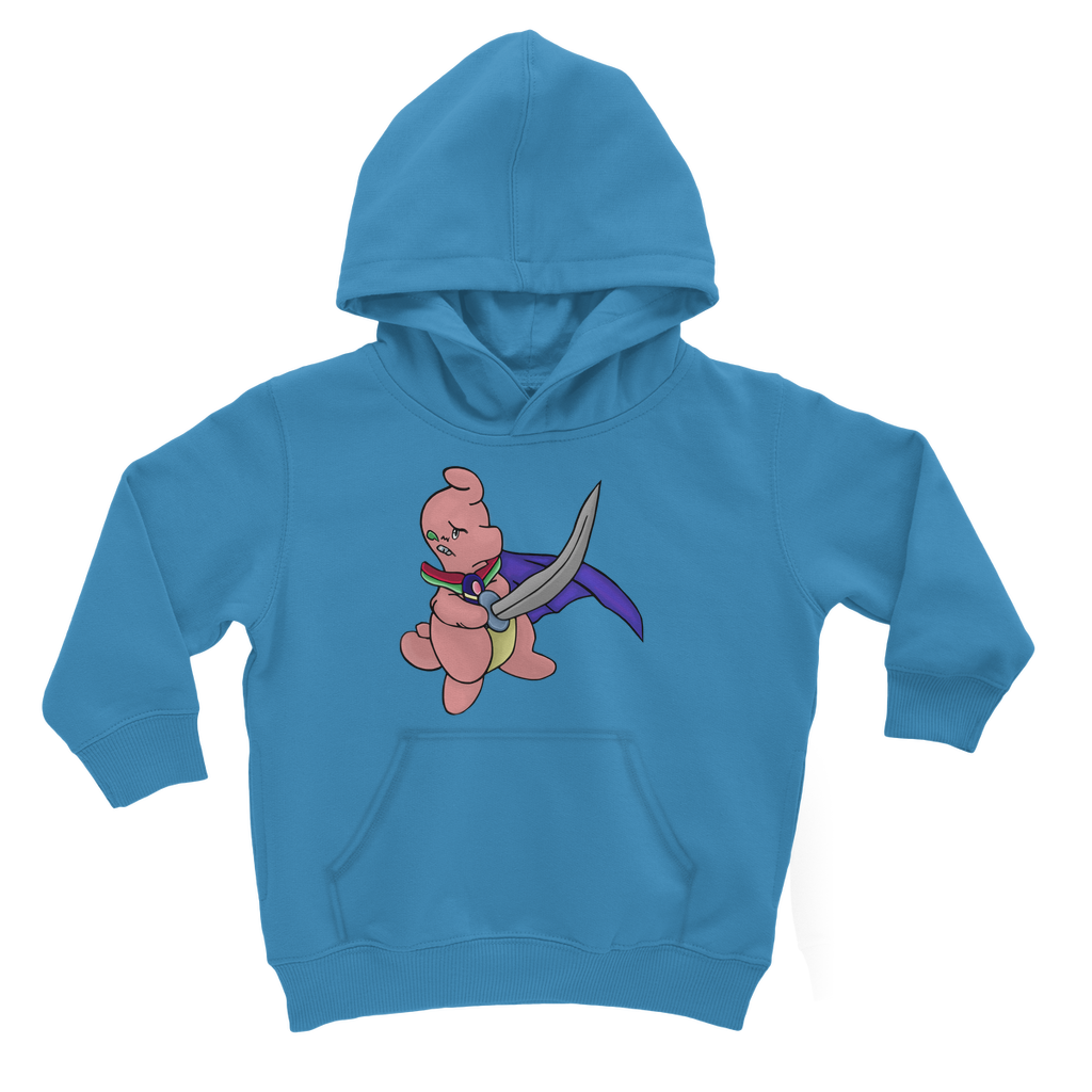 Curswordsman Classic Kids Hoodie featuring a soft cotton blend, kangaroo pouch pocket, and ribbed cuffs in various colors.