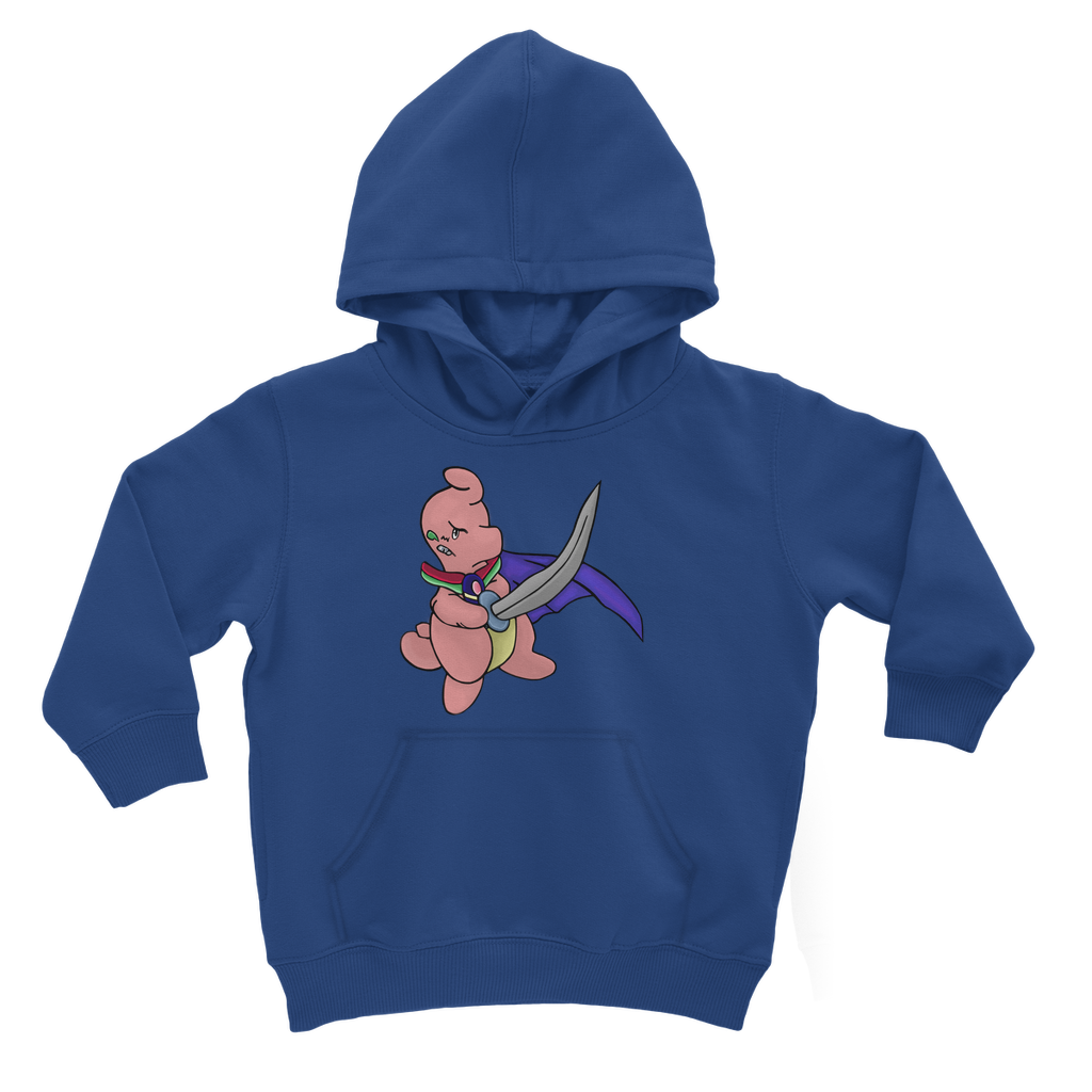 Curswordsman Classic Kids Hoodie featuring a soft cotton blend, kangaroo pouch pocket, and ribbed cuffs in various colors.