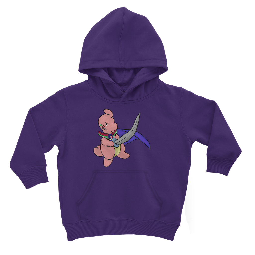 Curswordsman Classic Kids Hoodie featuring a soft cotton blend, kangaroo pouch pocket, and ribbed cuffs in various colors.