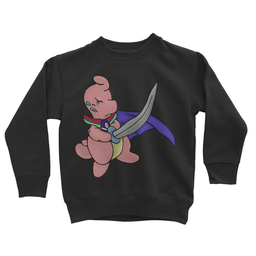 Curswordsman Classic Kids Sweatshirt in various colors, featuring a crew neck and ribbed cuffs.